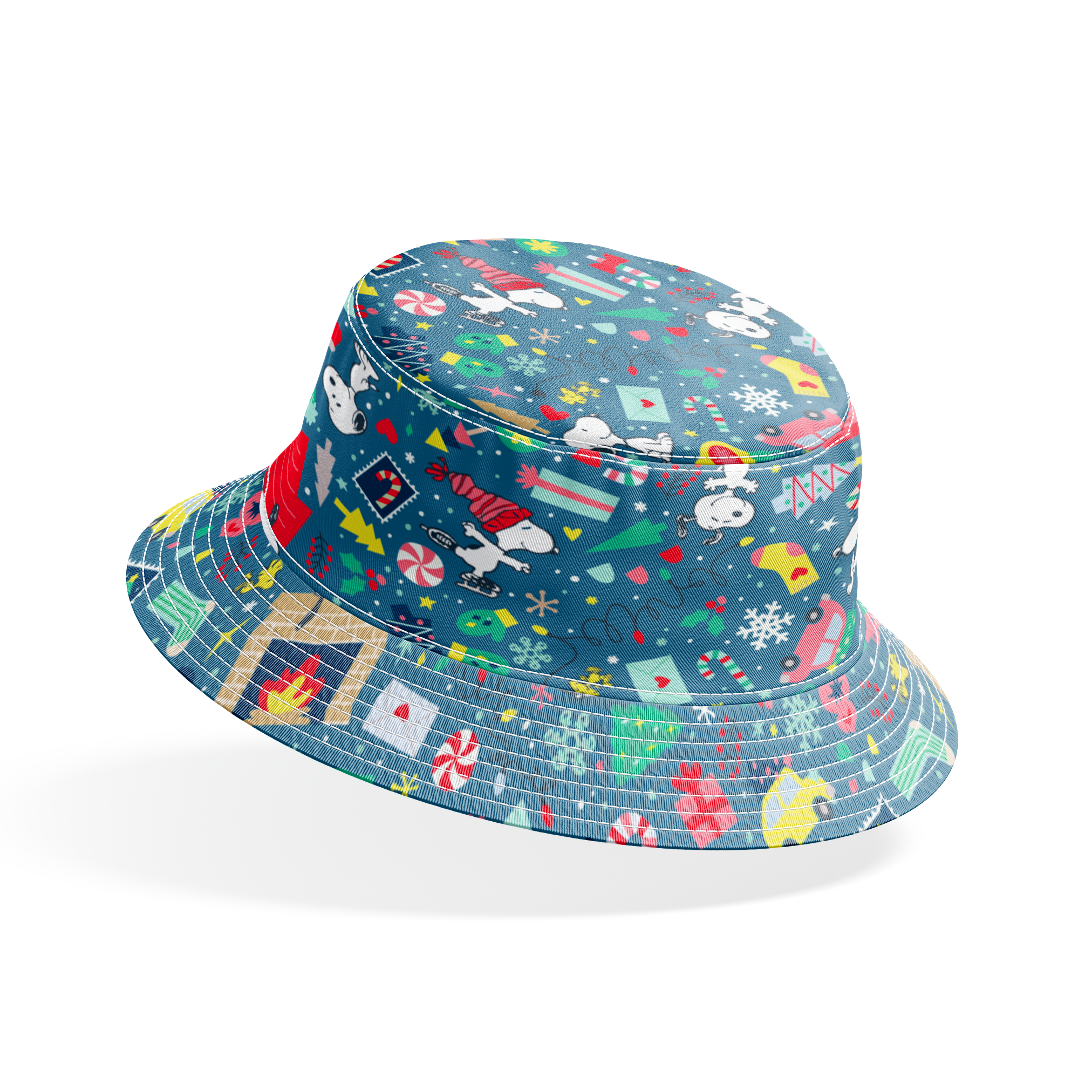 Colorful Peanuts Christmas pattern with festive icons, red mailboxes, presents, houses, and holiday symbols on teal background bucket hat mockup