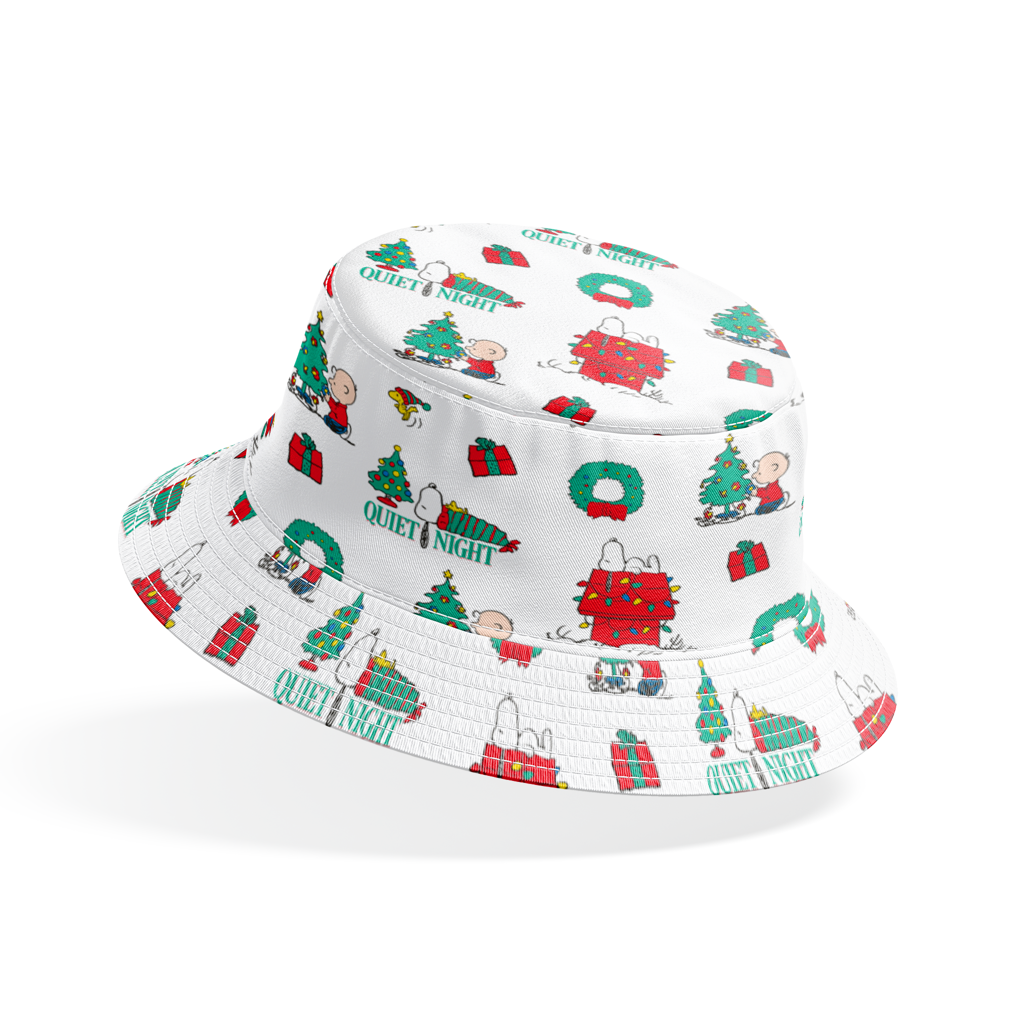 Peanuts Christmas pattern with Snoopy's decorated doghouse, trees, wreaths, and "Quiet Night" text bucket hat mockup