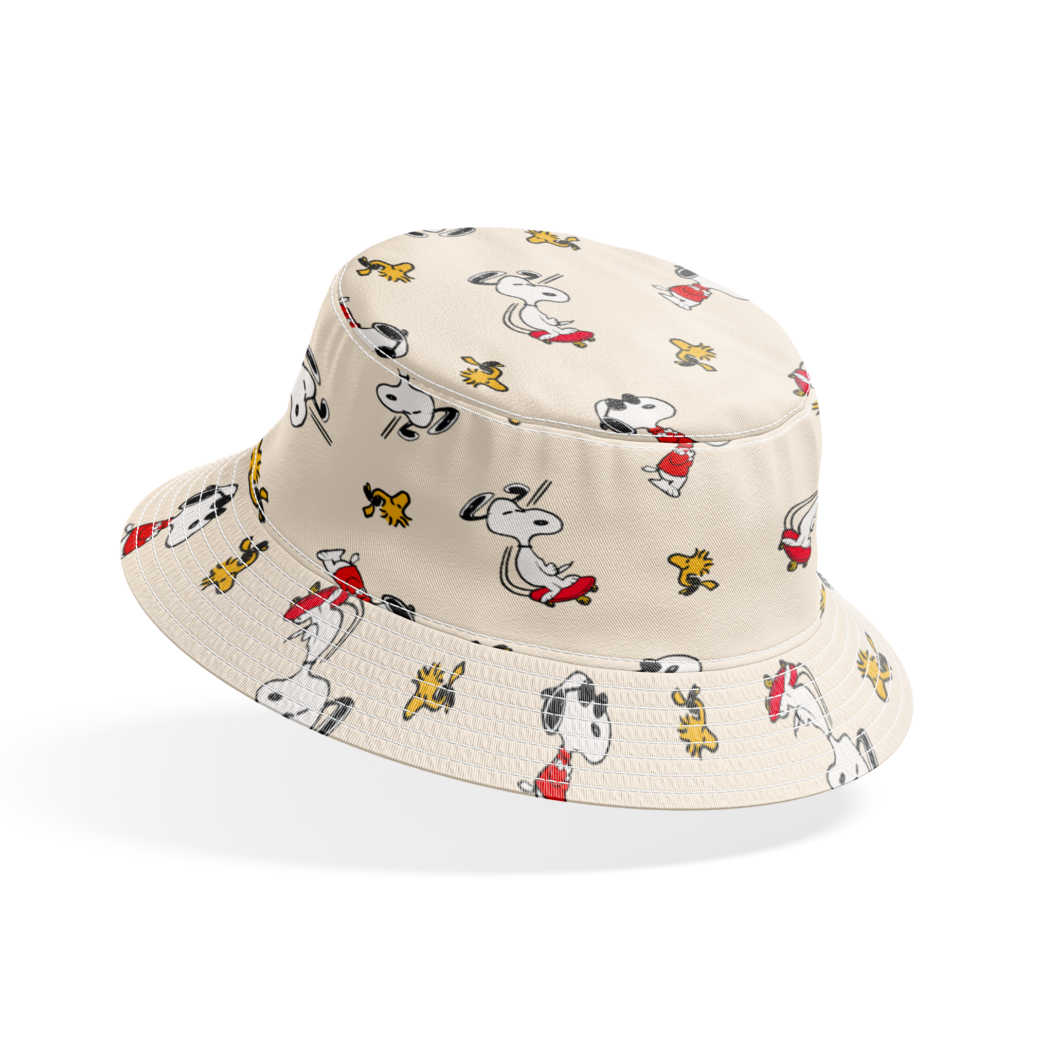 Snoopy and Woodstock on cream background, arranged in pattern bucket hat mockup