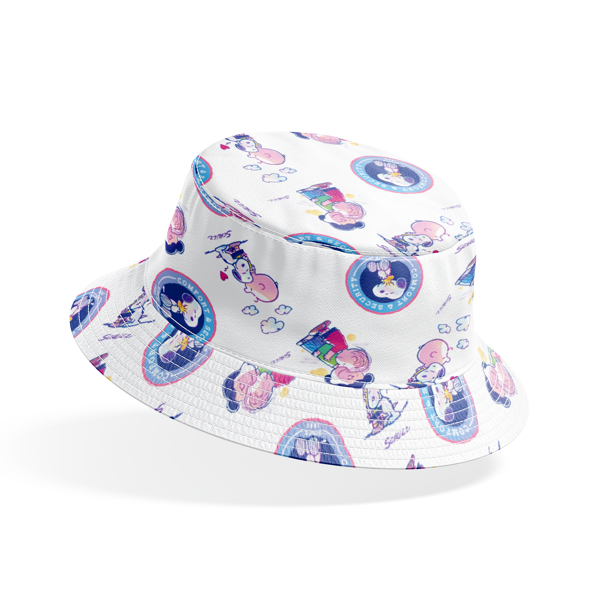 Peanuts cartoon pattern with Snoopy in blue circles and Charlie Brown with books on white background bucket hat mockup