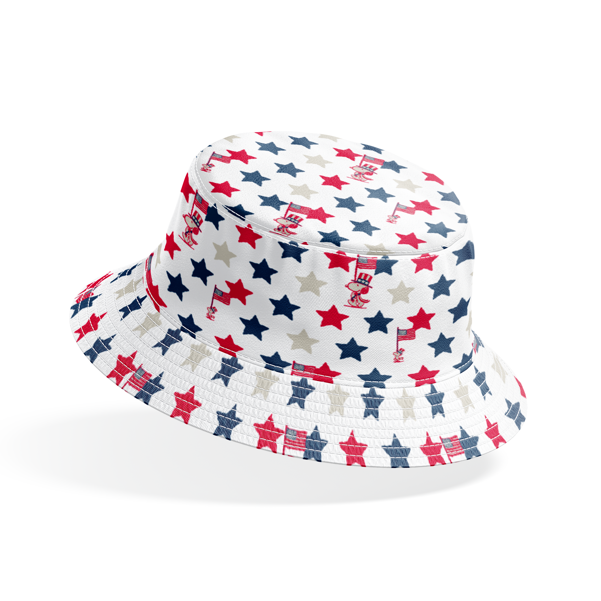 Peanuts Patriotic pattern with red, white, and blue stars alongside American flag poles on white background bucket hat mockup
