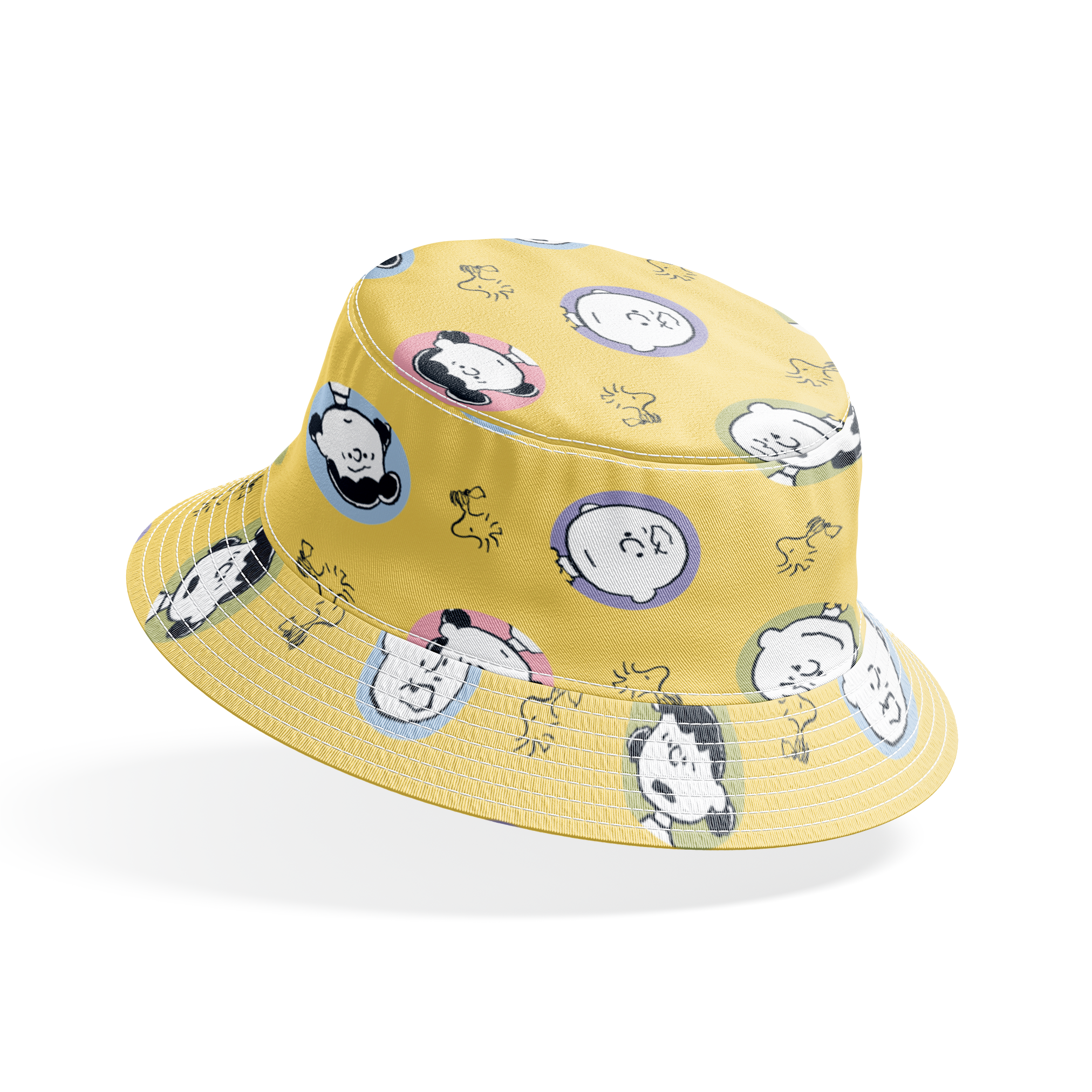Peanuts characters pattern with Charlie Brown and friends in circular frames on yellow background with Woodstock silhouettes bucket hat mockup