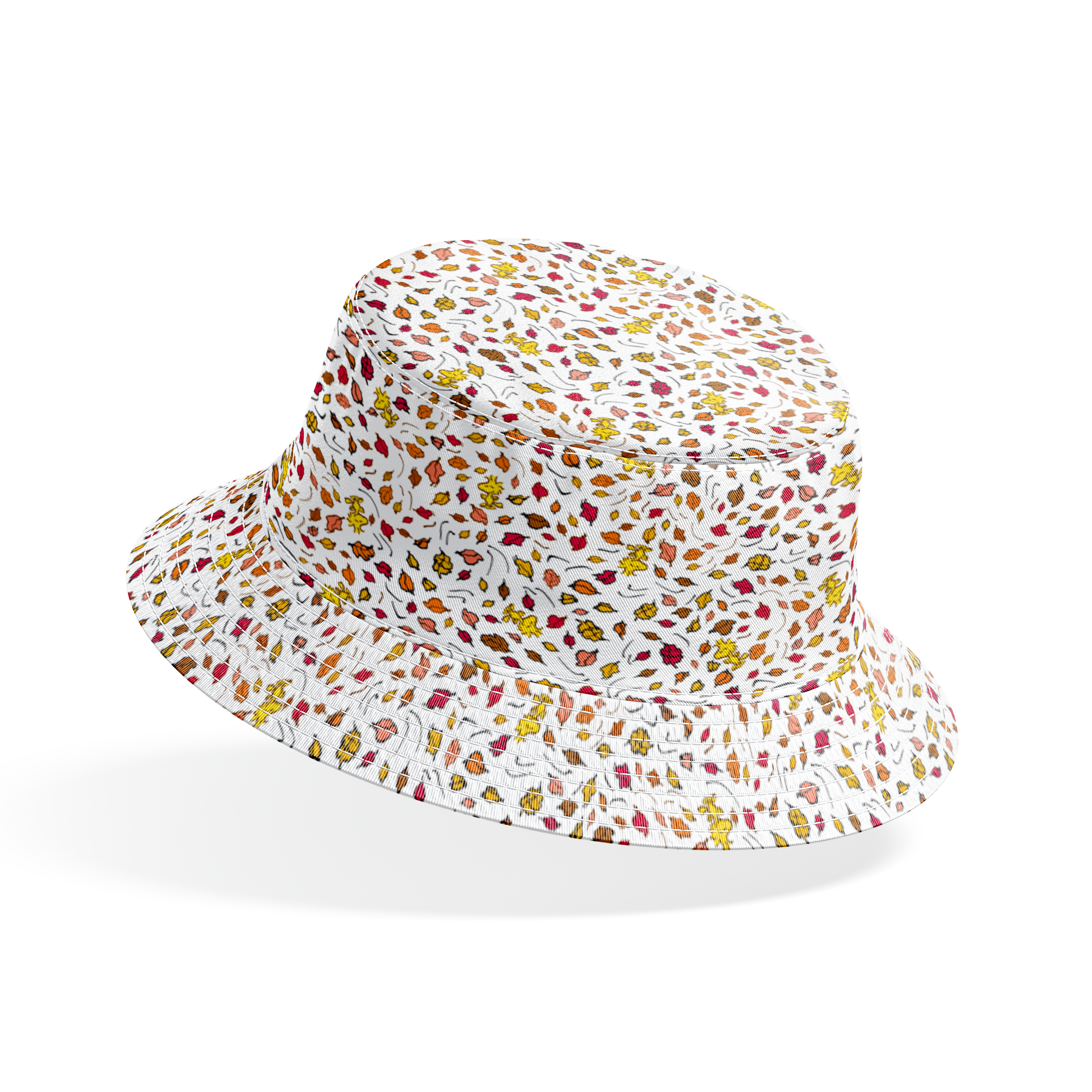 Colorful Peanuts autumn leaves pattern with Woodstock and yellow, red, and brown foliage scattered on white background bucket hat mockup