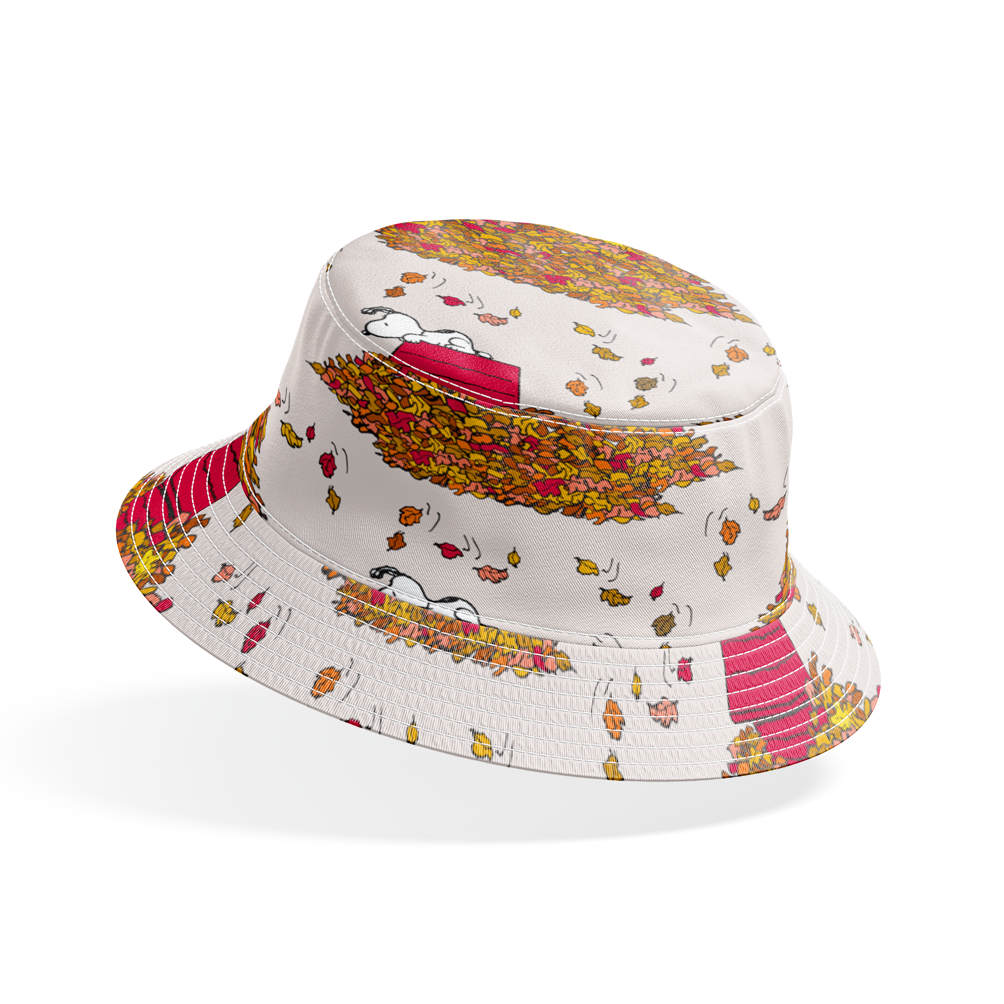 Snoopy and red doghouse on colorful autumn leaf piles with falling leaves pattern on beige background bucket hat mockup