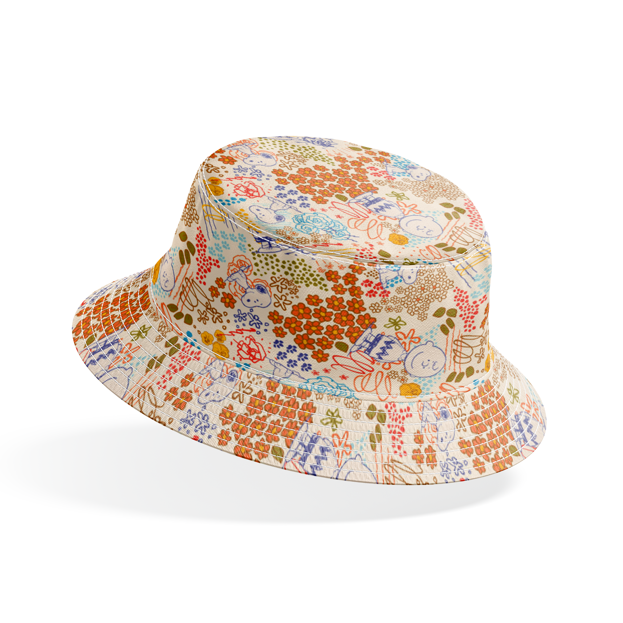 Colorful pattern with Peanuts characters sketches, floral designs, and dots in orange, blue, yellow, and green on a cream background bucket hat mockup