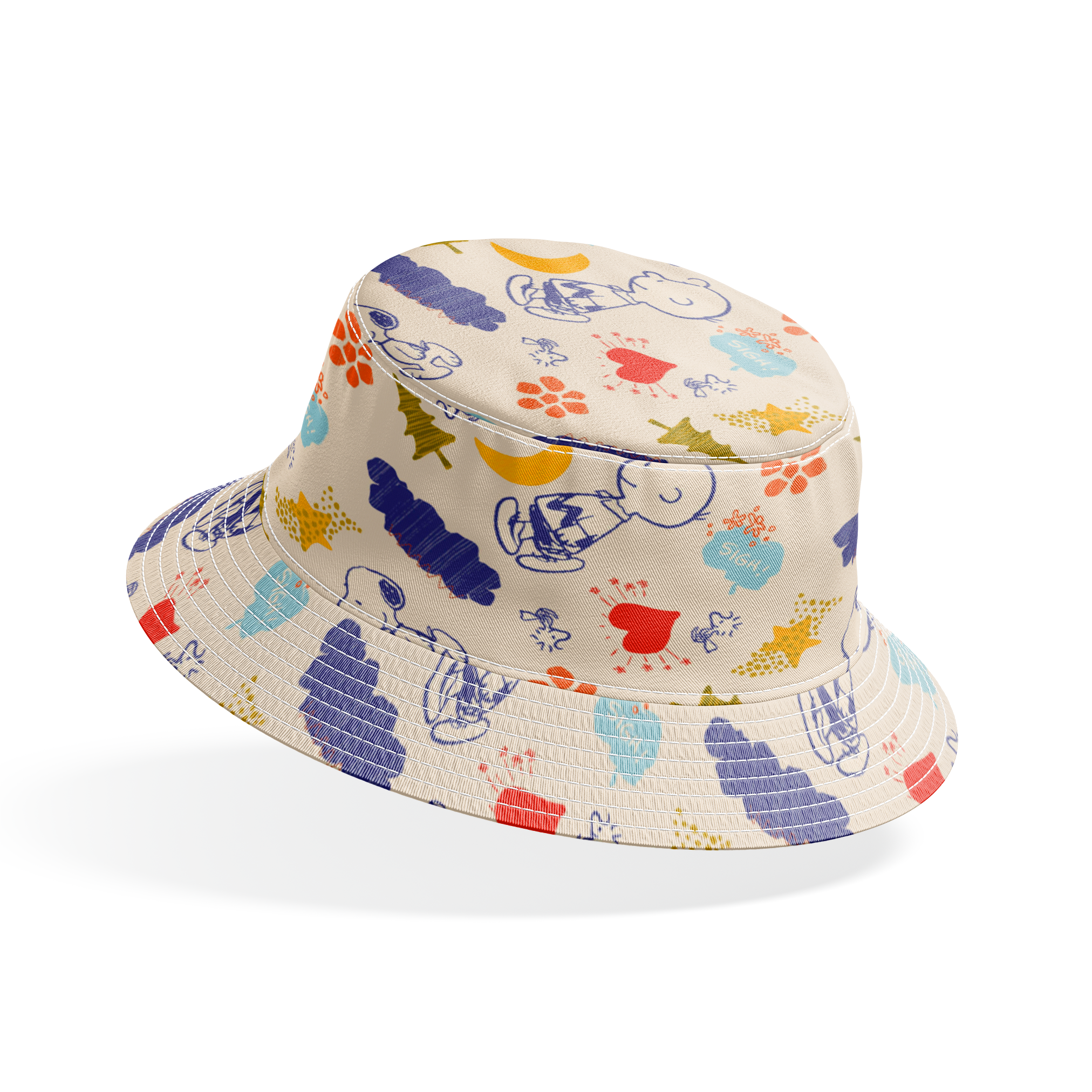 Whimsical Peanuts pattern with trees, clouds, moon, and birds in blue, red, green, and yellow on cream background. bucket hat mockup