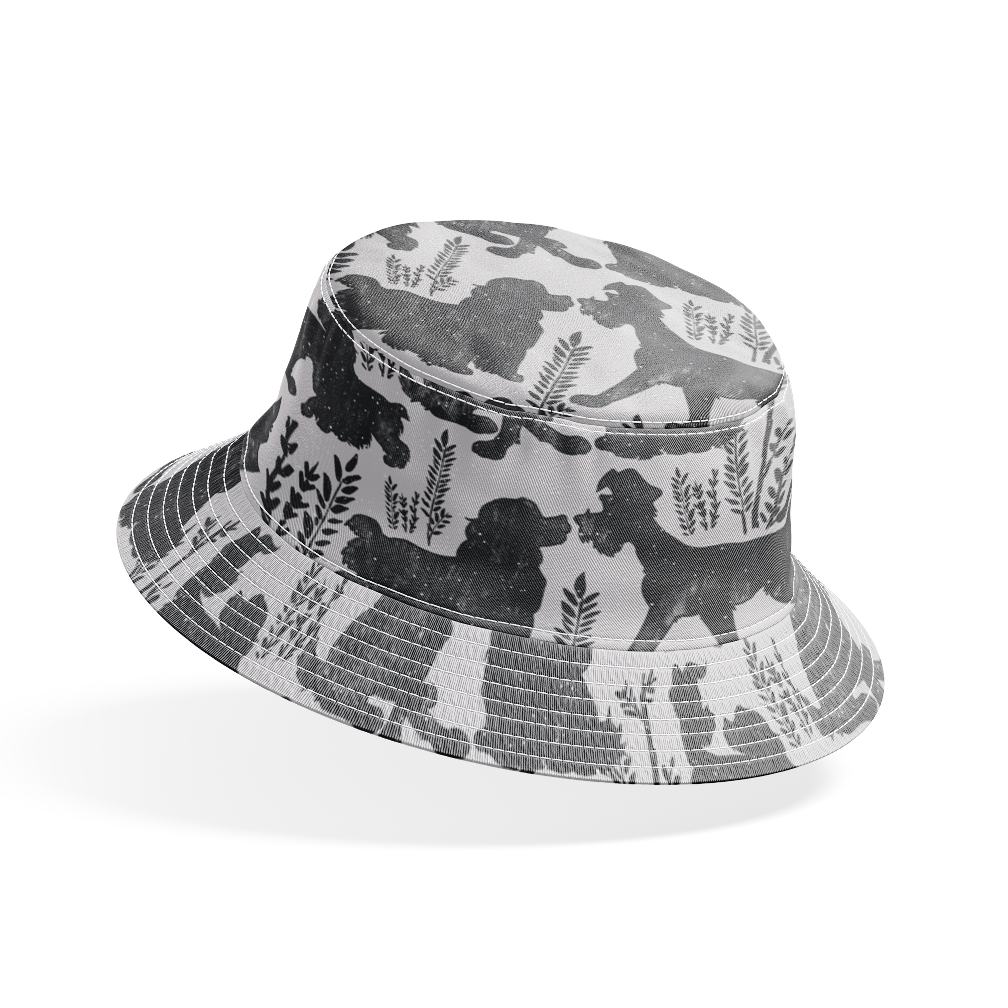 Repeating pattern of black dog silhouettes with decorative plant motifs on a light gray background bucket hat mockup