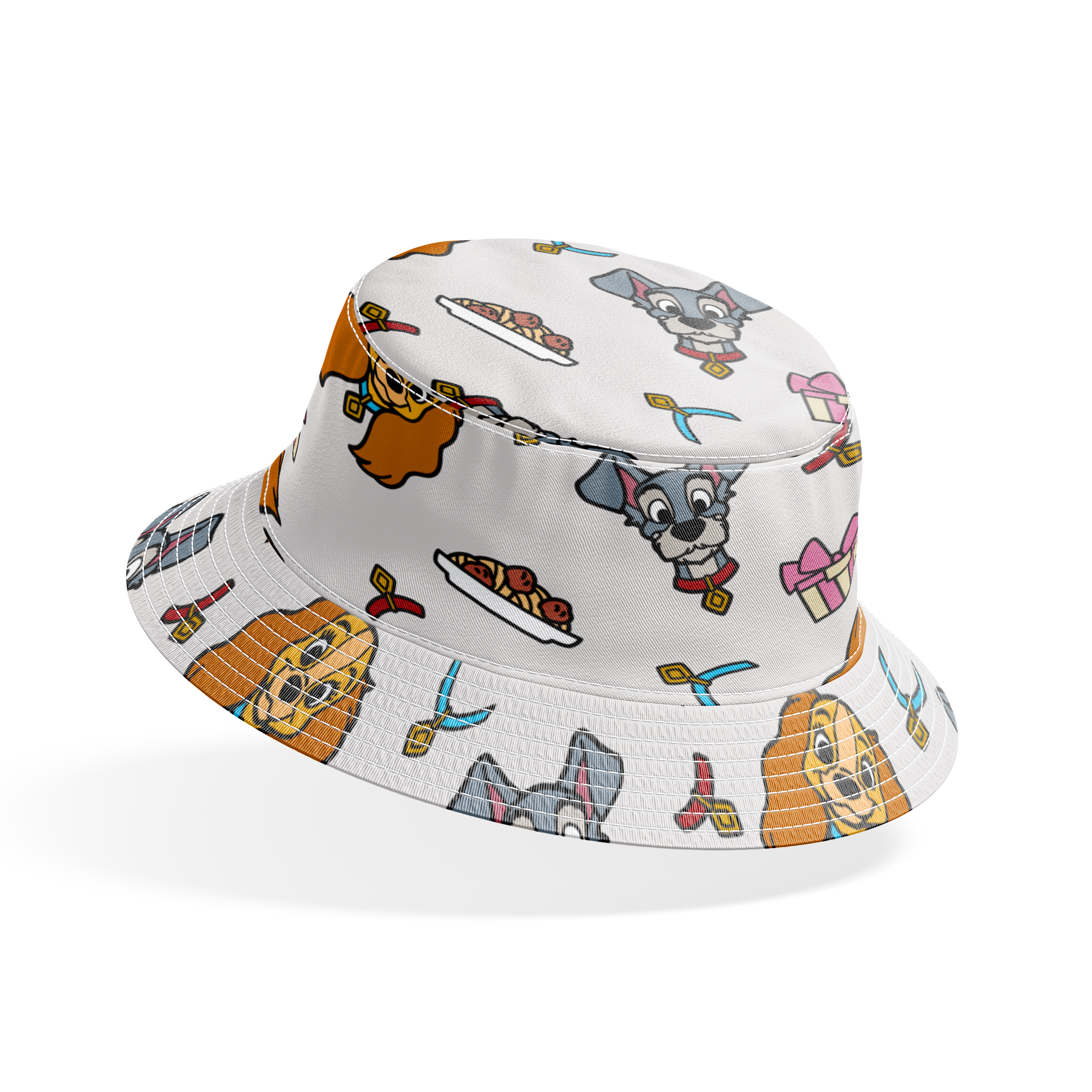 Cartoon pattern featuring Lady and Tramp dogs, gift boxes, bones, and ribbons on light gray background bucket hat mockup