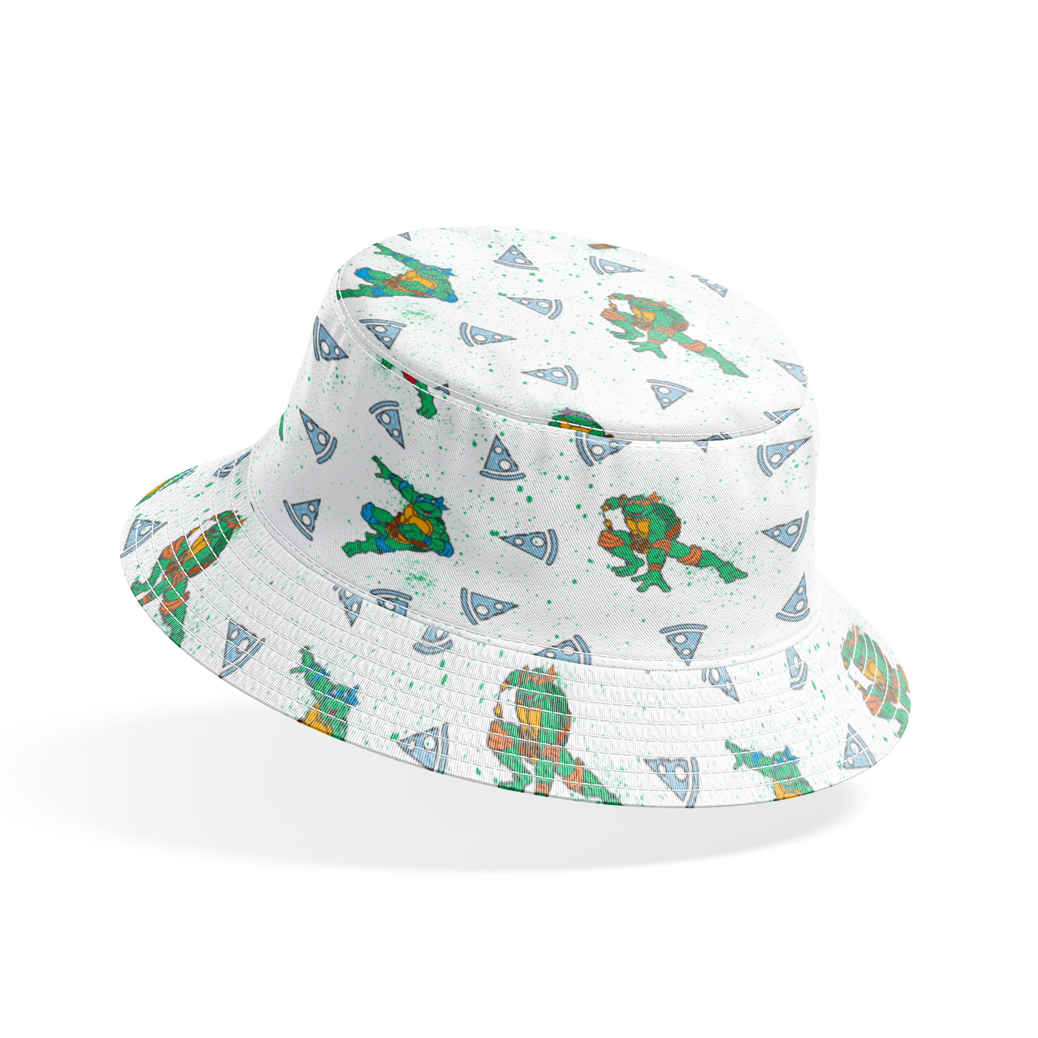 Teenage Mutant Ninja Turtles in action poses scattered among pizza slices on white speckled background bucket hat mockup