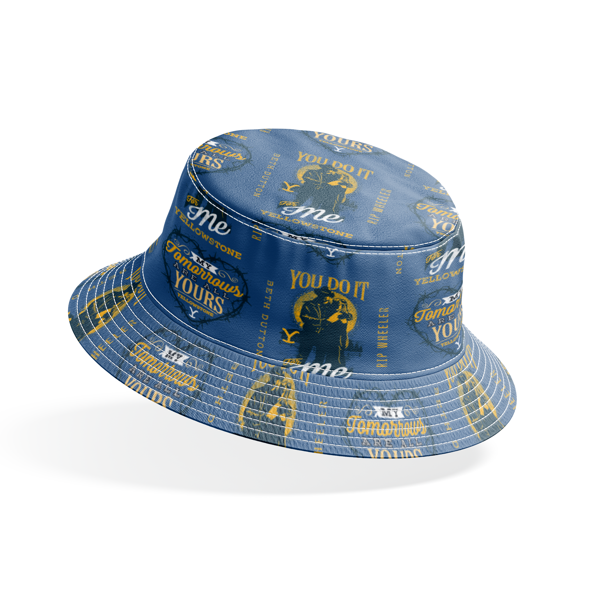 Denim blue fabric with Beth and Rip silhouettes, romantic Yellowstone quotes, and Western-style lettering in mustard and white. bucket hat mockup