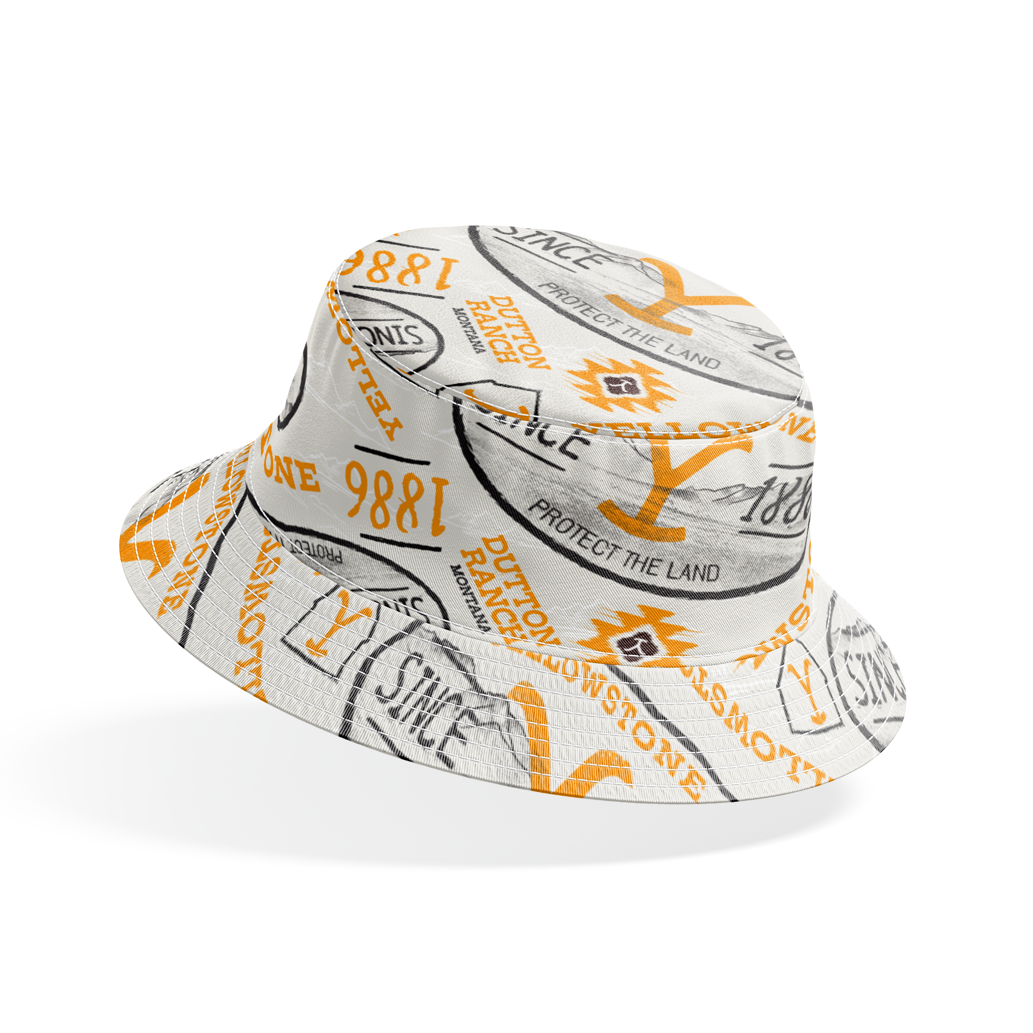 Yellowstone-themed design with black and gold badge graphics, “Protect the Land” text, and Dutton Ranch icons on a cream background. bucket hat mockup