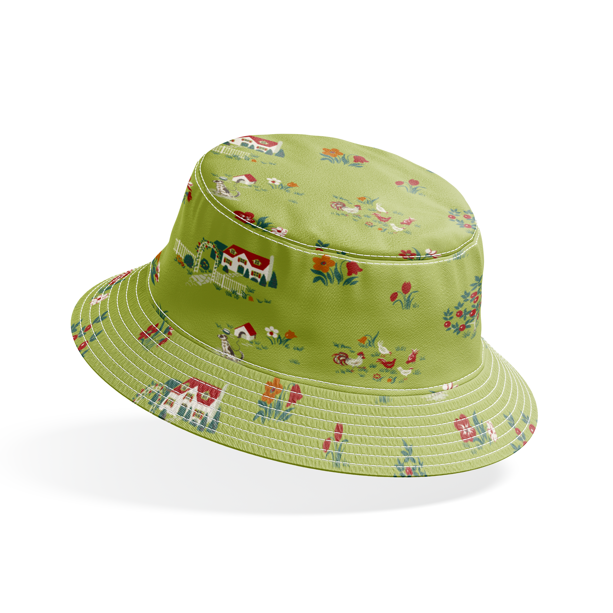 Scenic cottage garden design with vintage houses, flowers, and animals on olive green bucket hat mockup