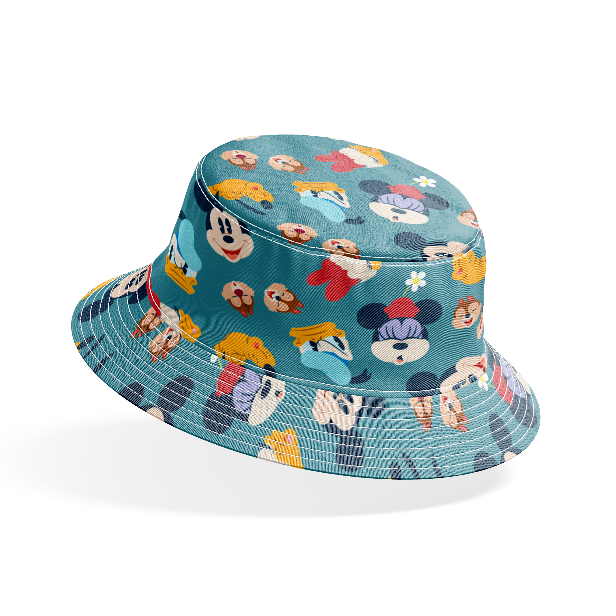 Disney cartoon characters pattern with Mickey Mouse, Donald Duck, and Pluto on teal background with small flowers bucket hat mockup