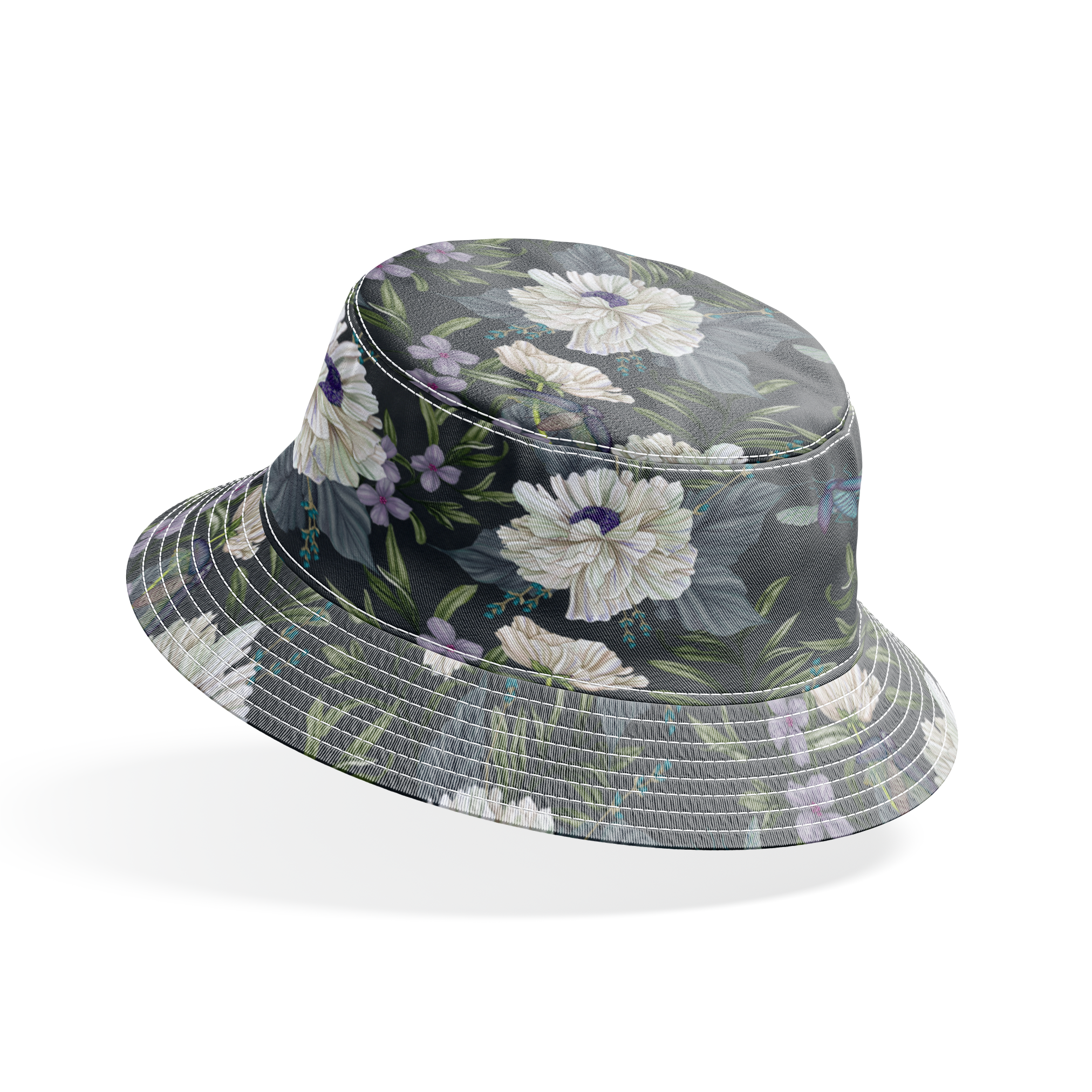 Ivory flowers with purple centers, beetles, and greenery illustrated on a dark charcoal background in a floral pattern by Nicole Tamarin. bucket hat mockup