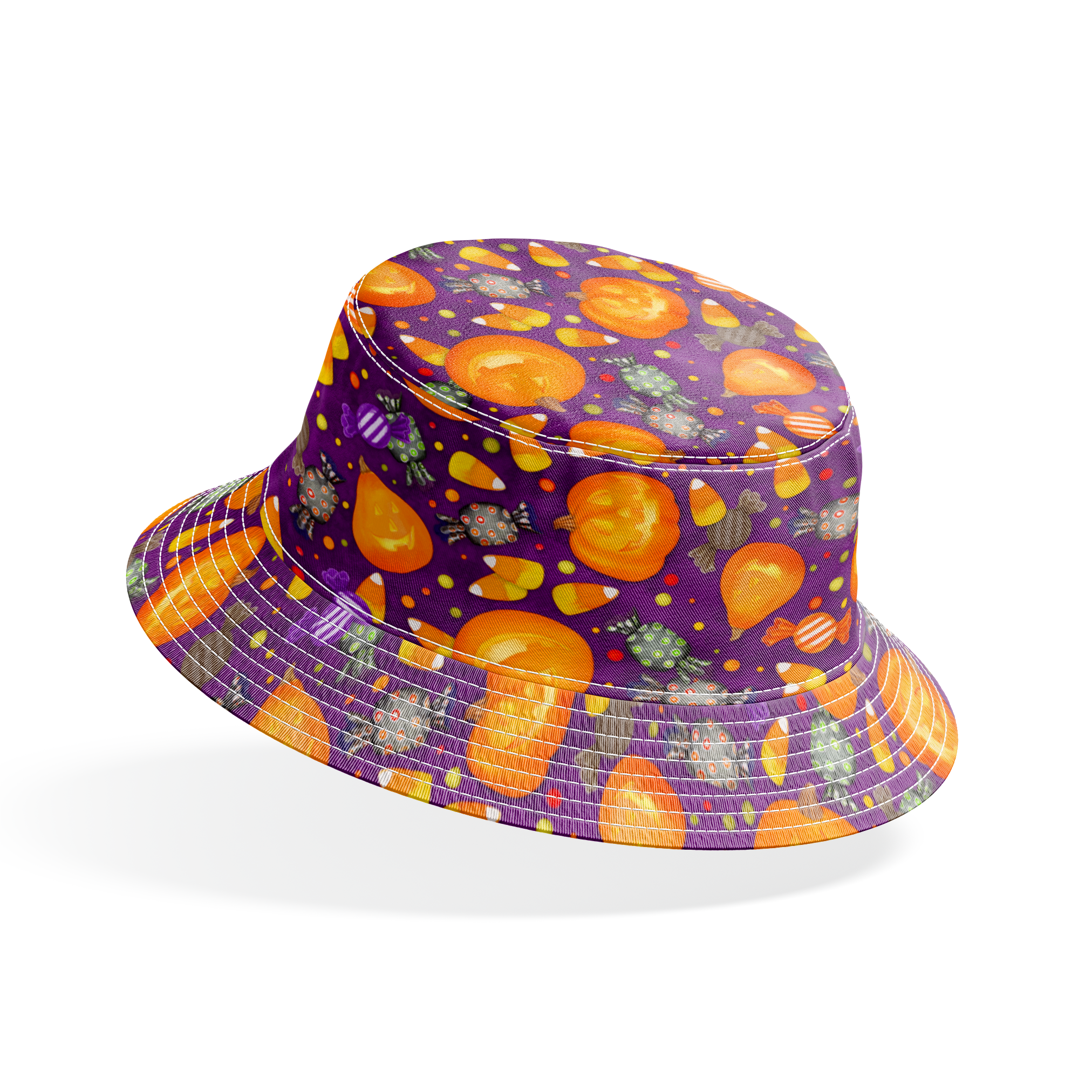 Playful Halloween fabric design by Nicole Tamarin featuring smiling jack-o’-lanterns, wrapped candies, and candy corn scattered across a purple background. bucket hat mockup