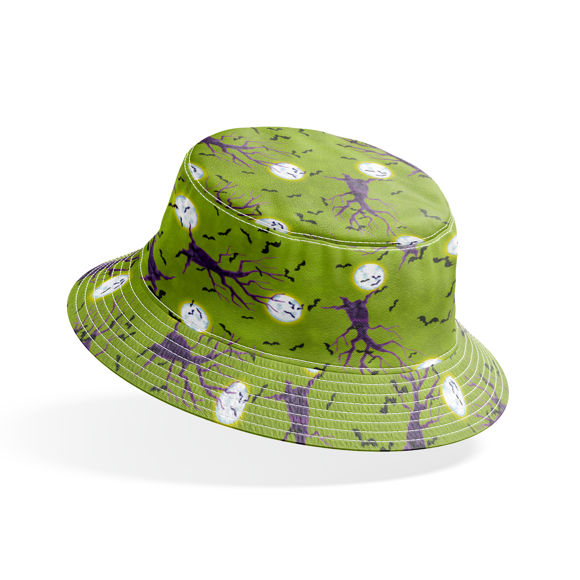 Halloween fabric design with purple haunted trees, bats, and glowing moons on a green background, illustrated by Nicole Tamarin. bucket hat mockup