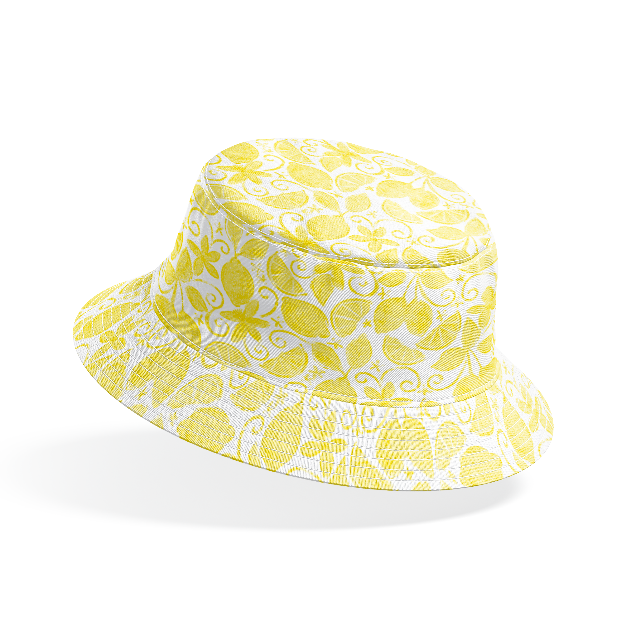 Yellow lemon pattern by Nicole Tamarin with sliced lemons, leaves, and swirls on a white background bucket hat mockup