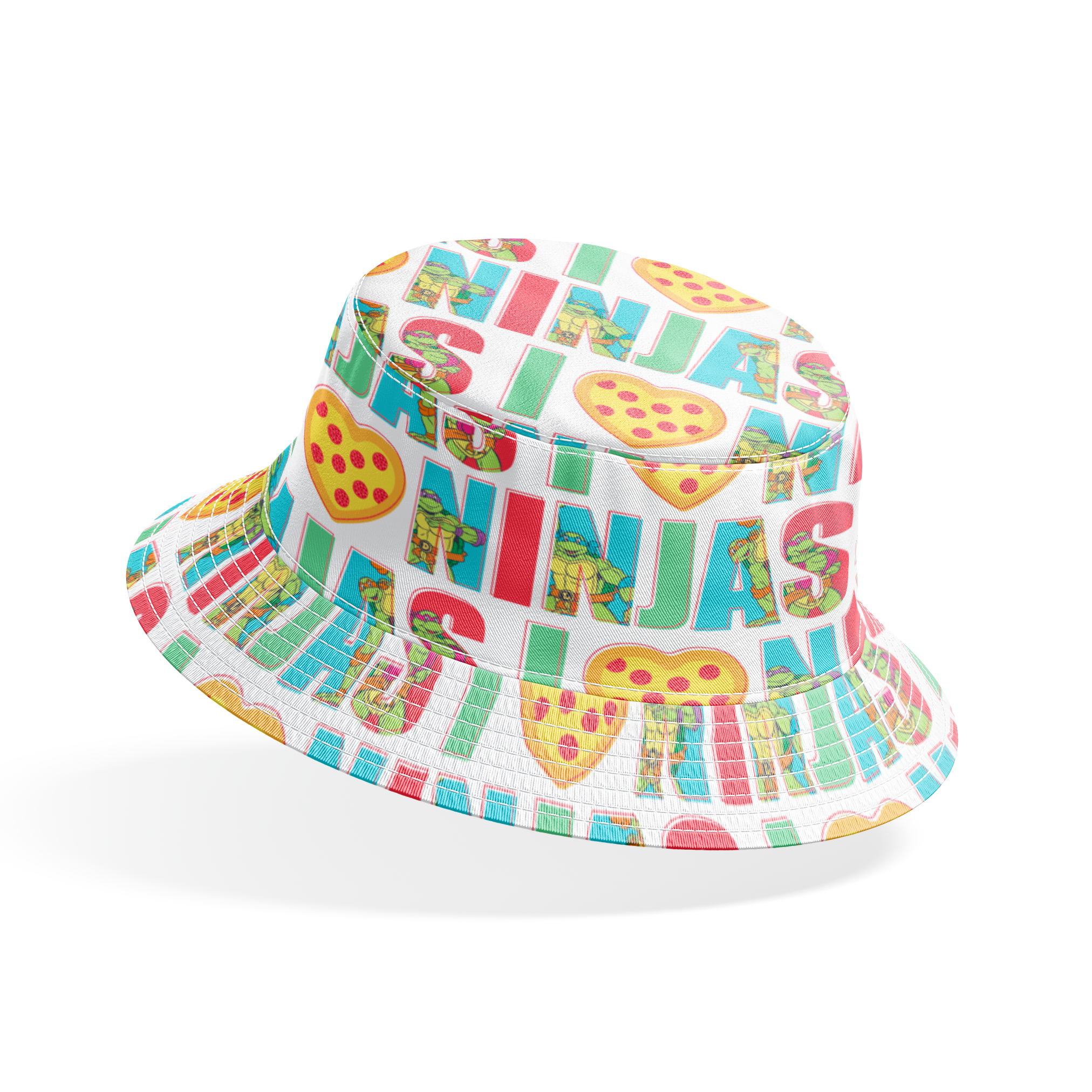 Teenage Mutant Ninja Turtles design with “I heart Ninjas” text with a pizza heart graphic, and Michelangelo and Leonardo in pastel colors. bucket hat mockup