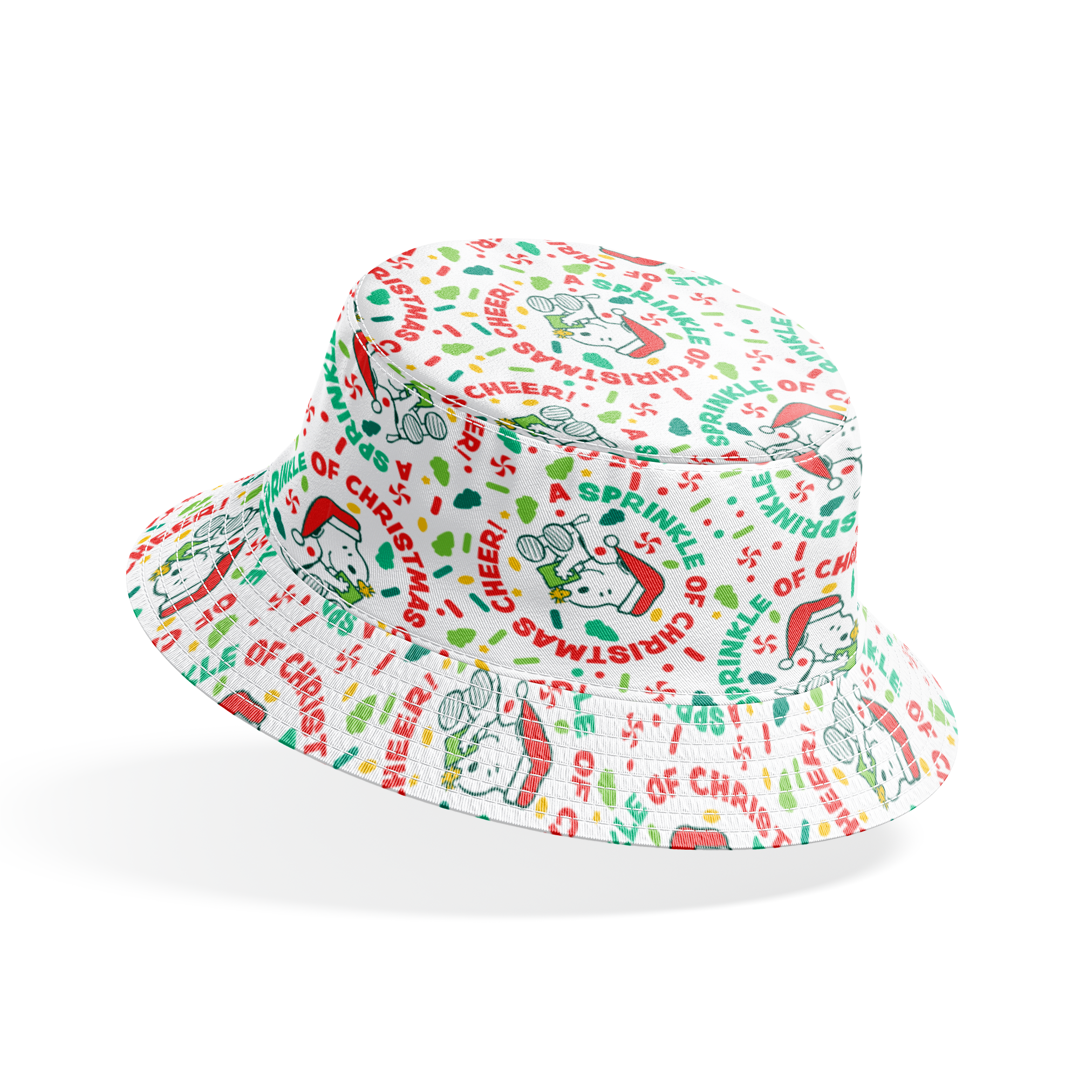 Holiday pattern with Snoopy wearing Santa hat, surrounded by "Merry Christmas", "Cheer", and candy designs on white background bucket hat mockup