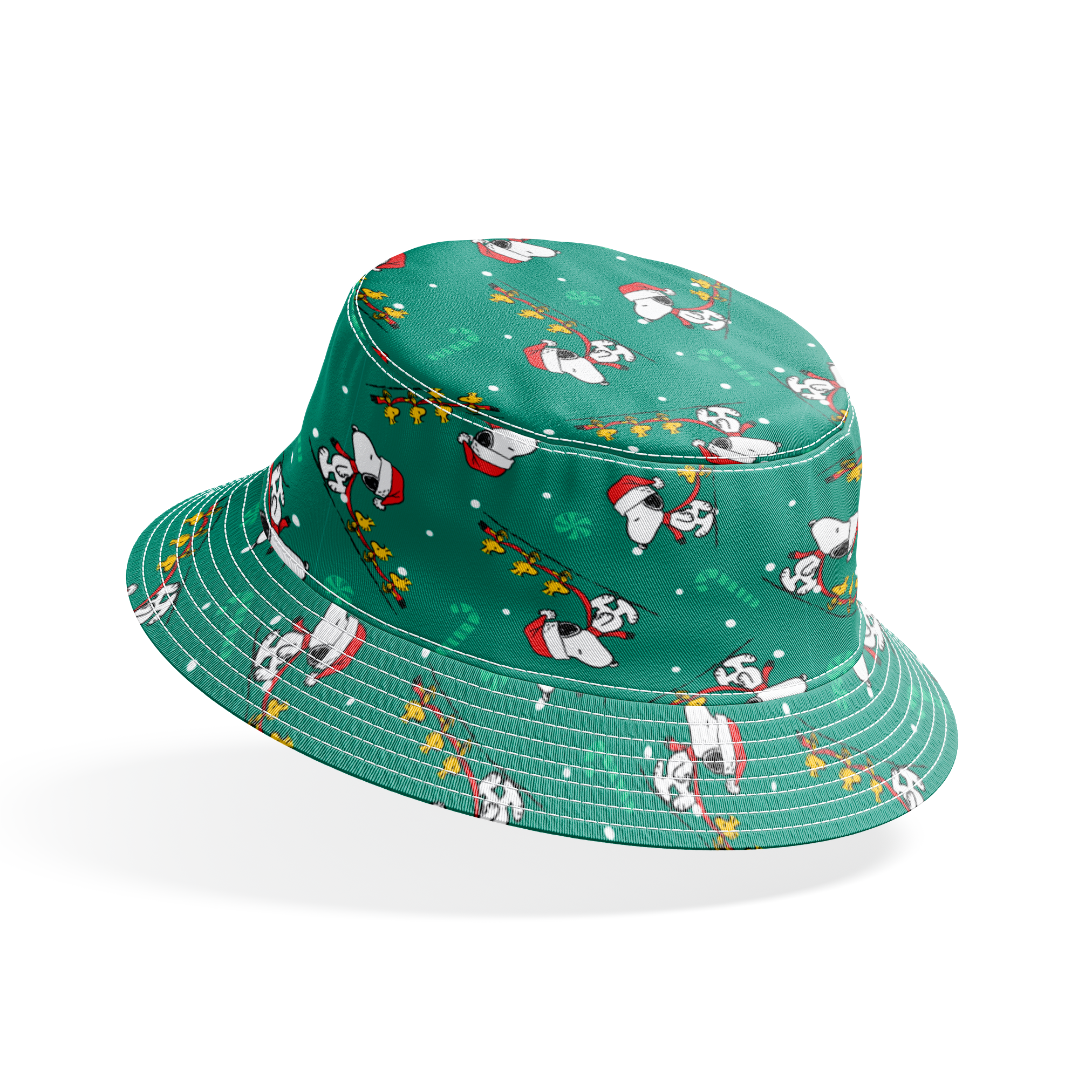 Holiday pattern with Snoopy in Santa hats pulling sleds of stars on green background with candy canes and snowflakes bucket hat mockup