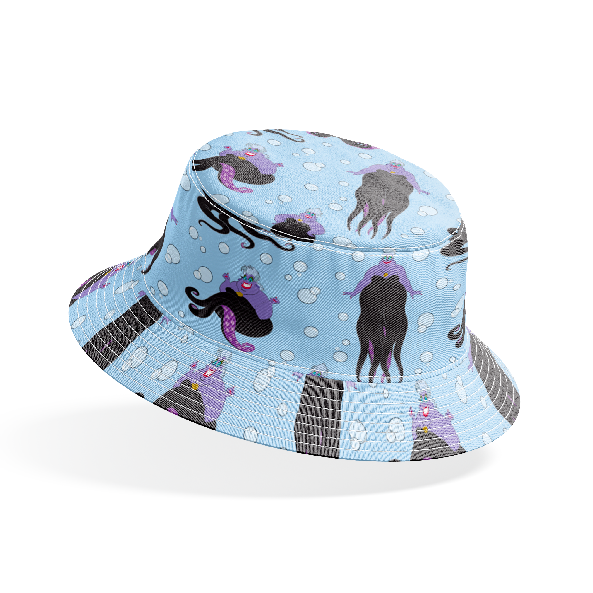 Ursula with black tentacles swimming in a light blue underwater scene with white bubbles bucket hat mockup