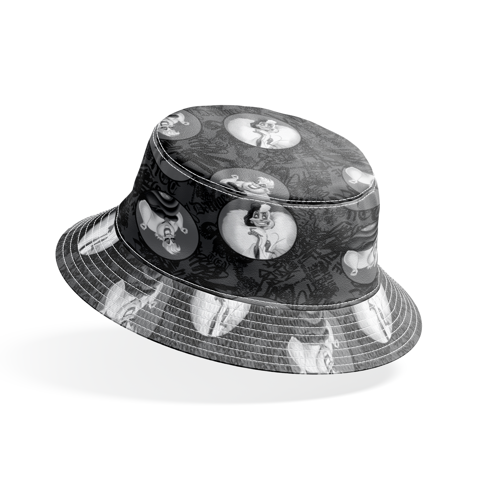 Cartoon character with tentacle-like hair in circular medallions on dark background with graffiti-style text bucket hat mockup