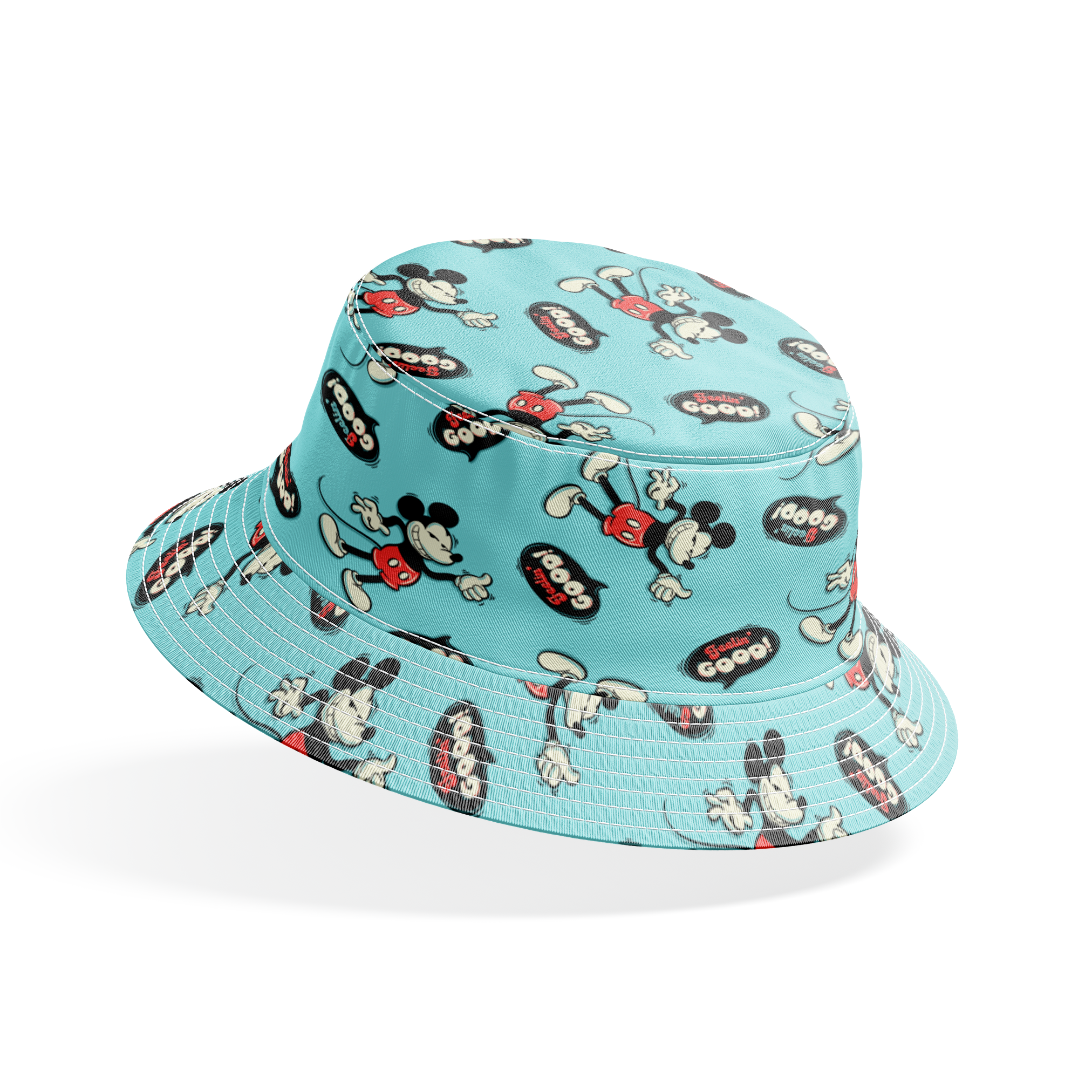 Mickey Mouse pattern on teal background with cartoon characters and "Gosh!" speech bubbles bucket hat mockup