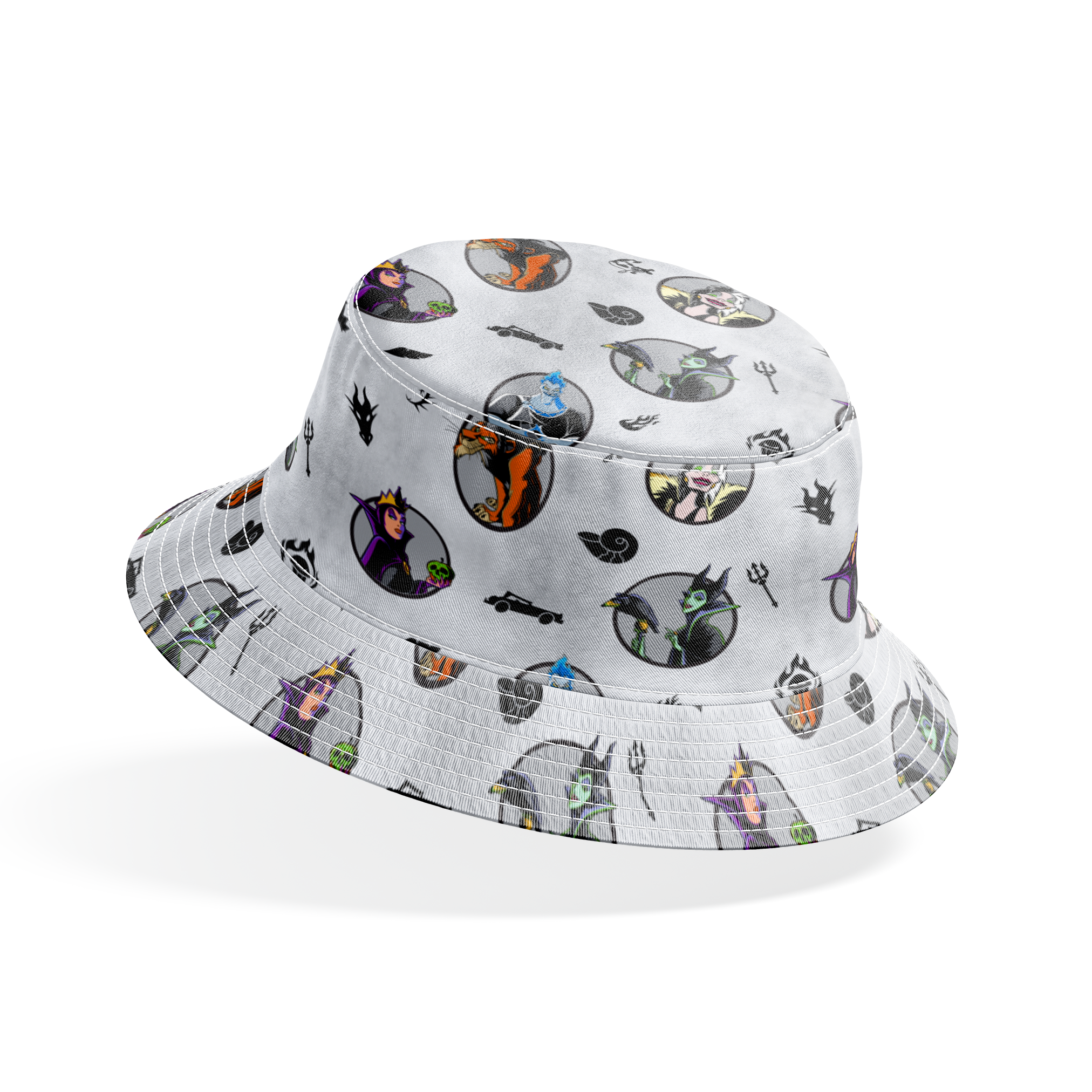 Disney villain characters in circular portraits on a gray background with spooky silhouette symbols bucket hat mockup