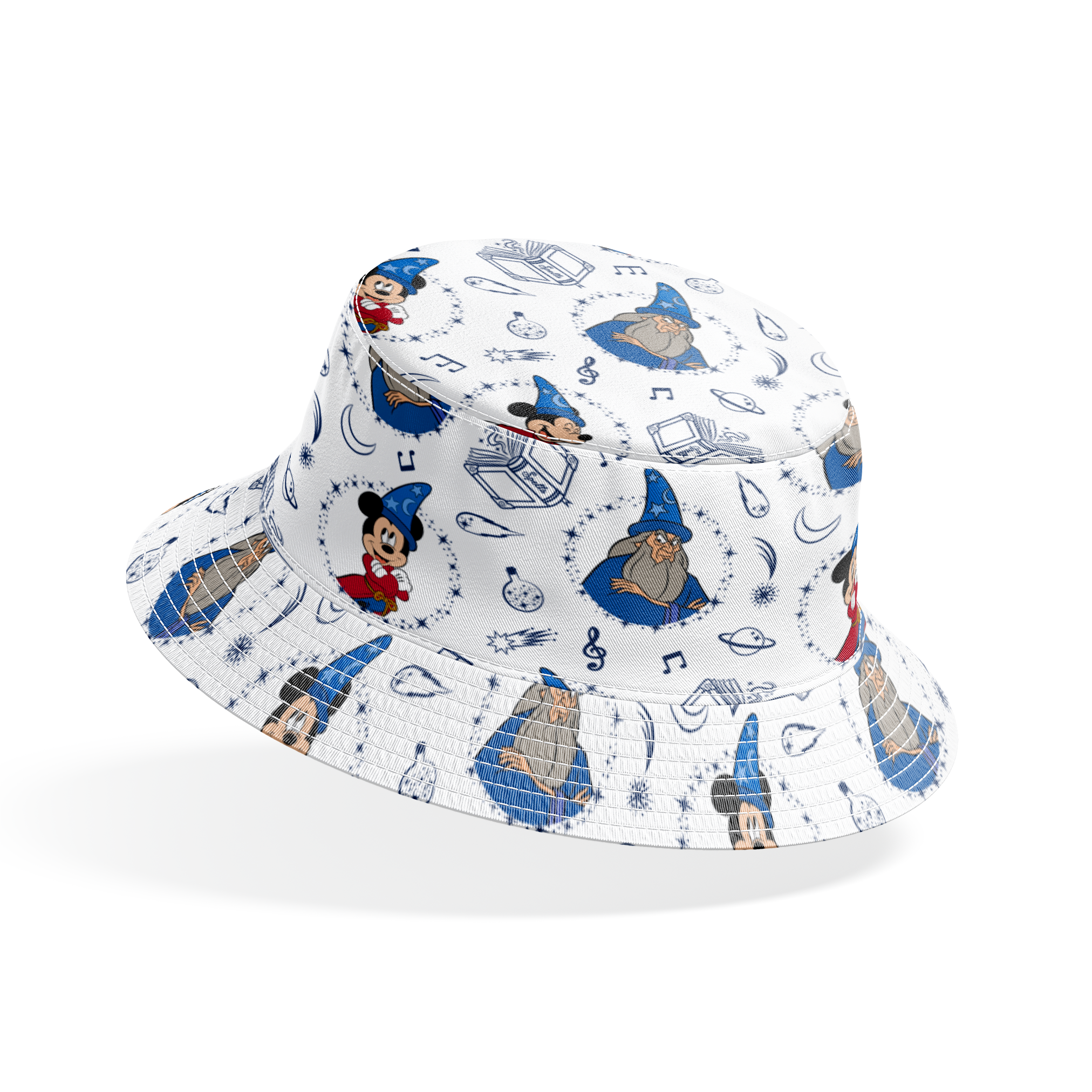 Disney's Fantasia pattern with Mickey Mouse in wizard hat, magical books, music notes, celestial elements on white background bucket hat mockup
