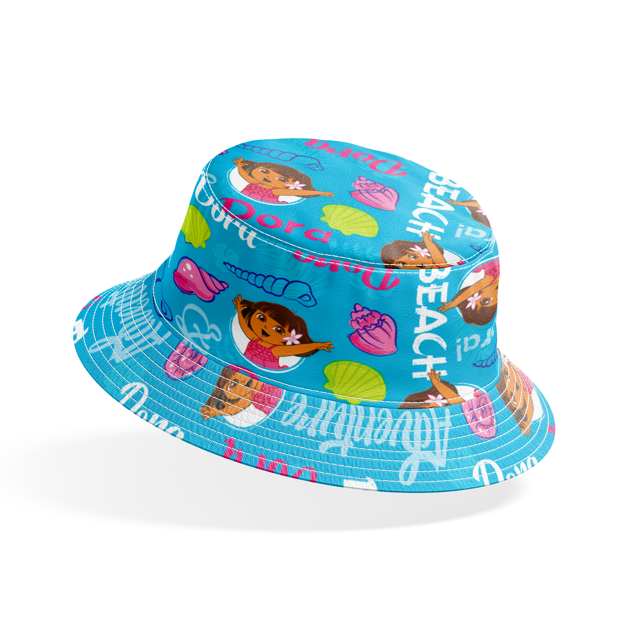 Bright blue pattern featuring Dora the Explorer cartoon character with seashells and "Beach Explorer" text bucket hat mockup