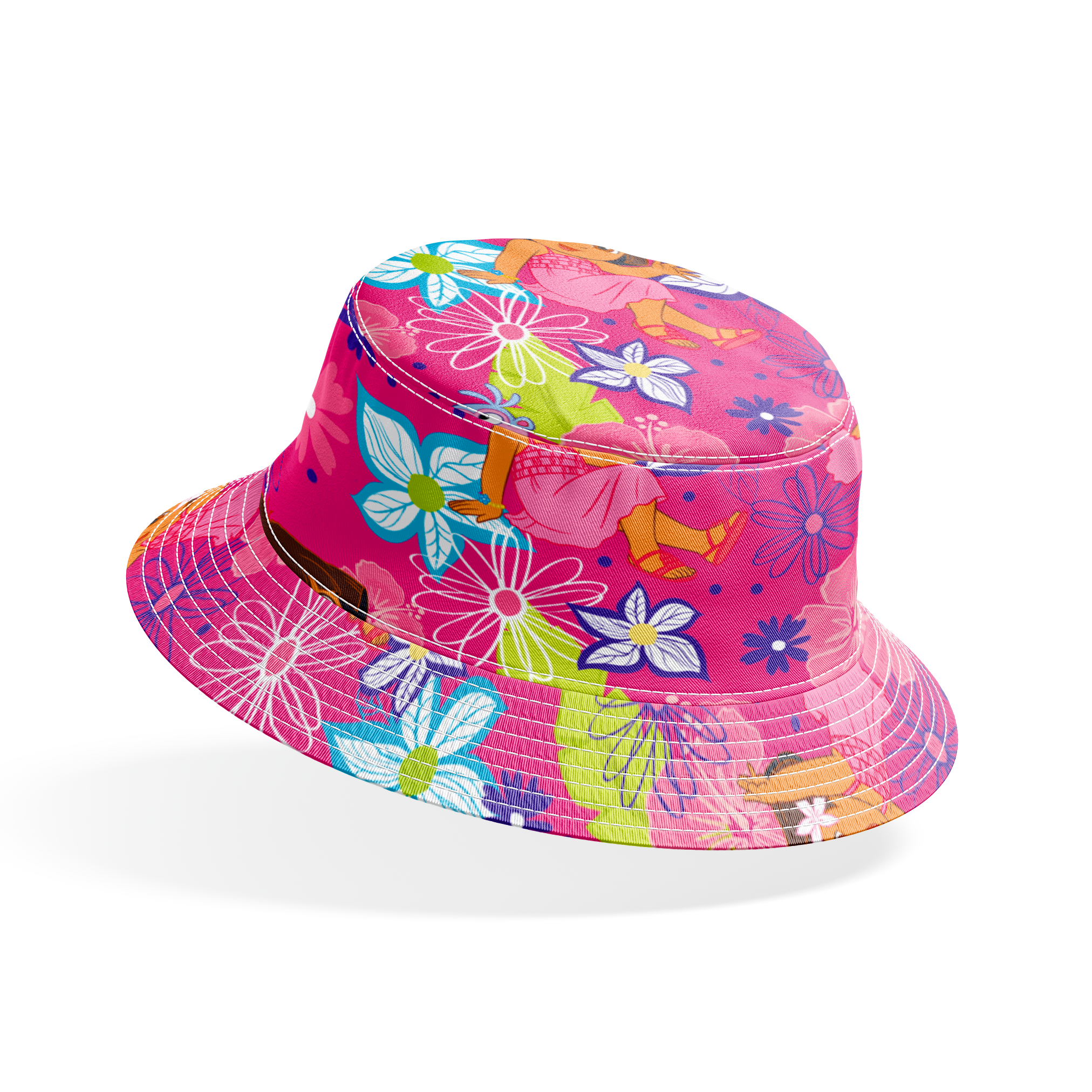 Colorful cartoon pattern with Dora the Explorer characters among vibrant flowers on pink background bucket hat mockup