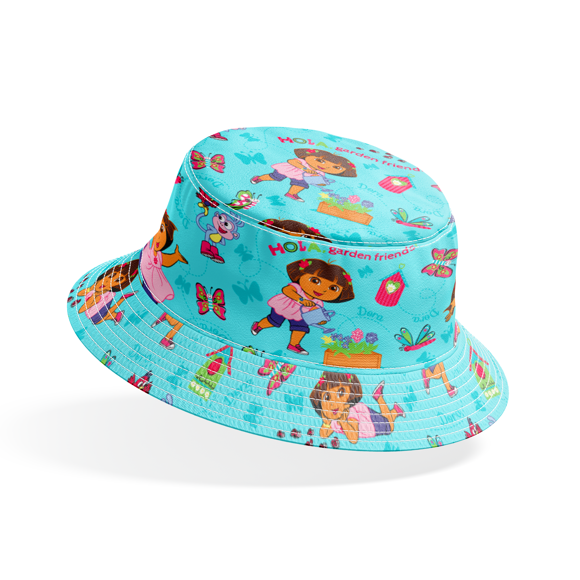 Colorful Dora the Explorer pattern on light blue background bucket hat mockup