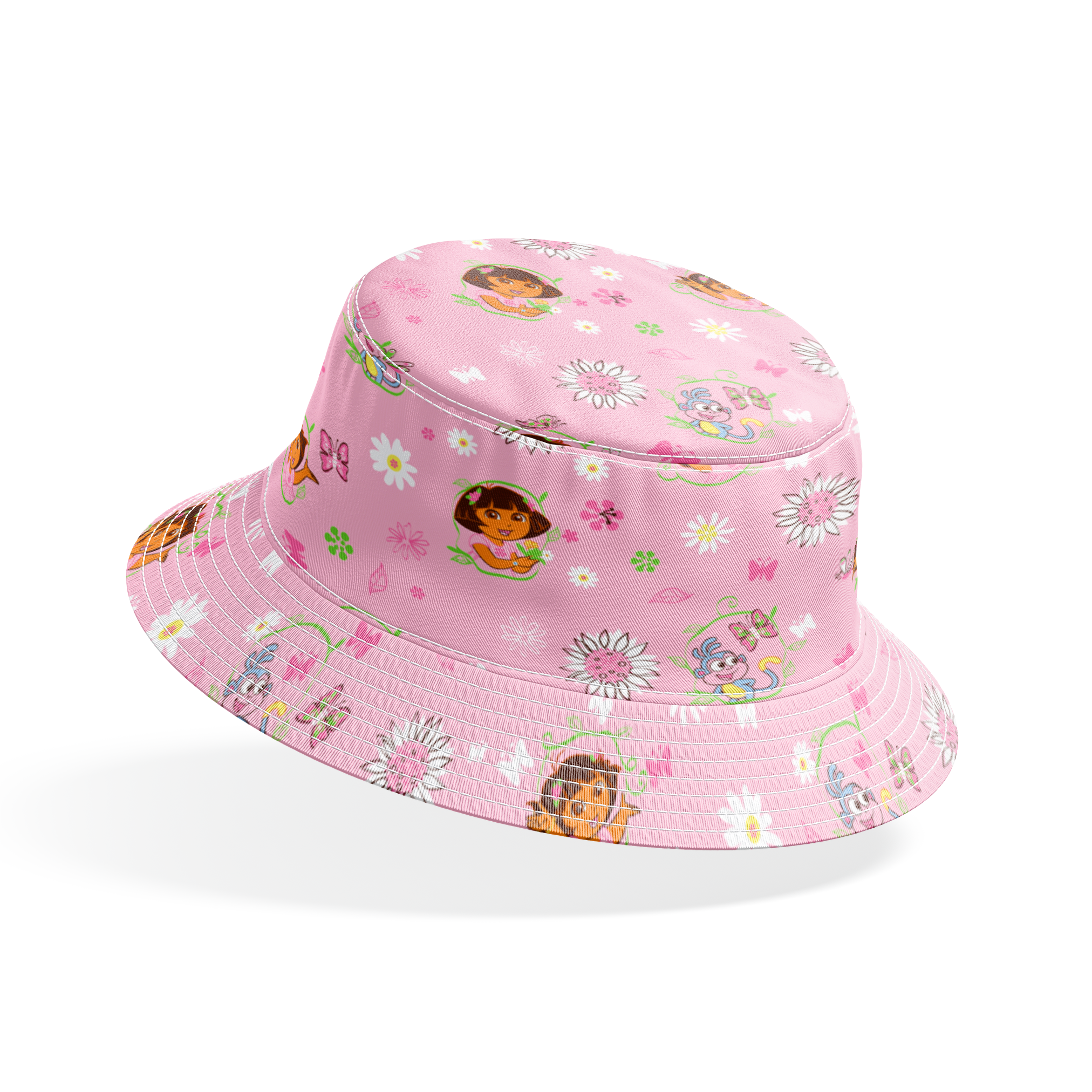 Pink background with Dora the Explorer characters, white daisies and purple butterflies scattered throughout bucket hat mockup
