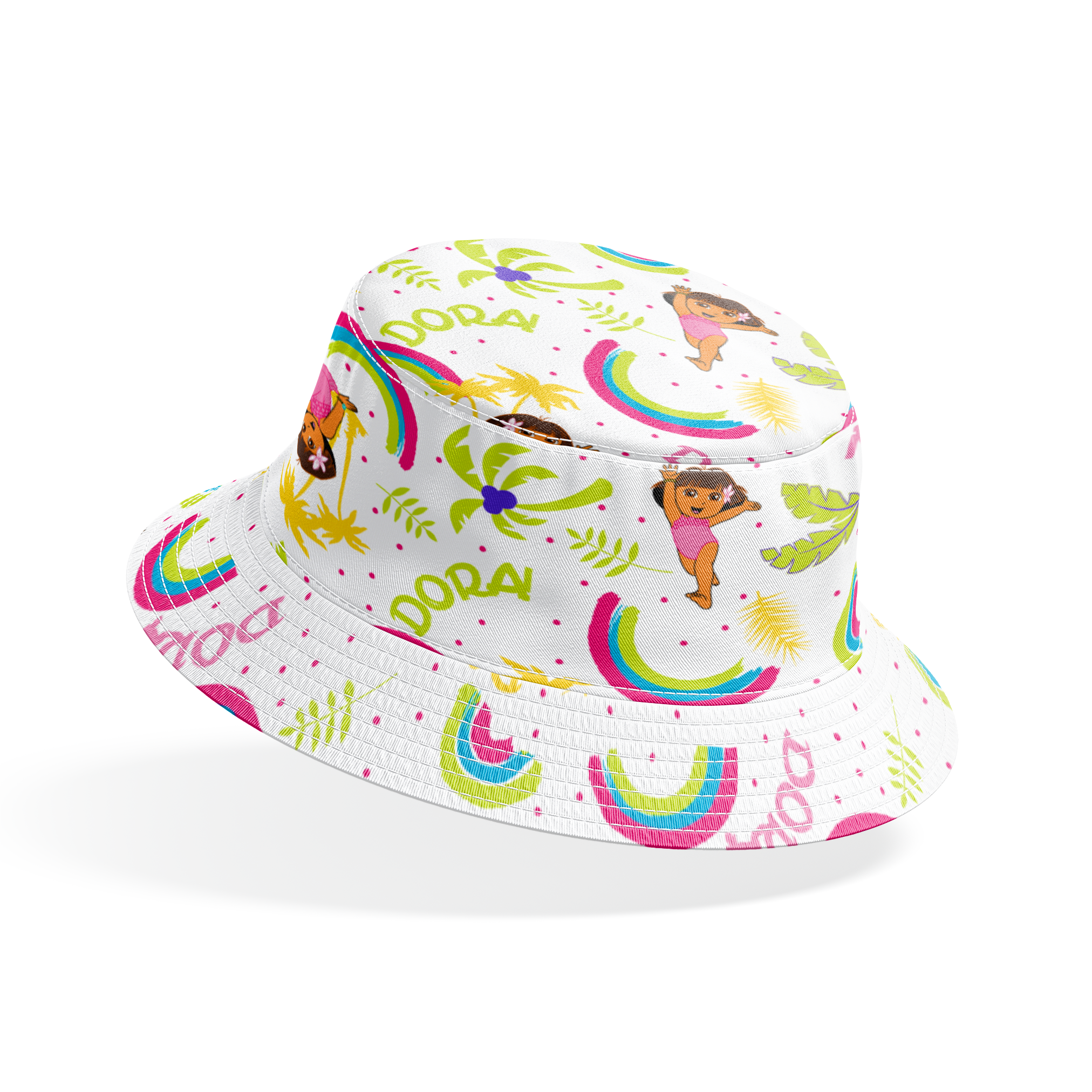 Cartoon pattern with colorful rainbows, Dora the Explorer characters, green leaves, and yellow leaves on white background bucket hat mockup