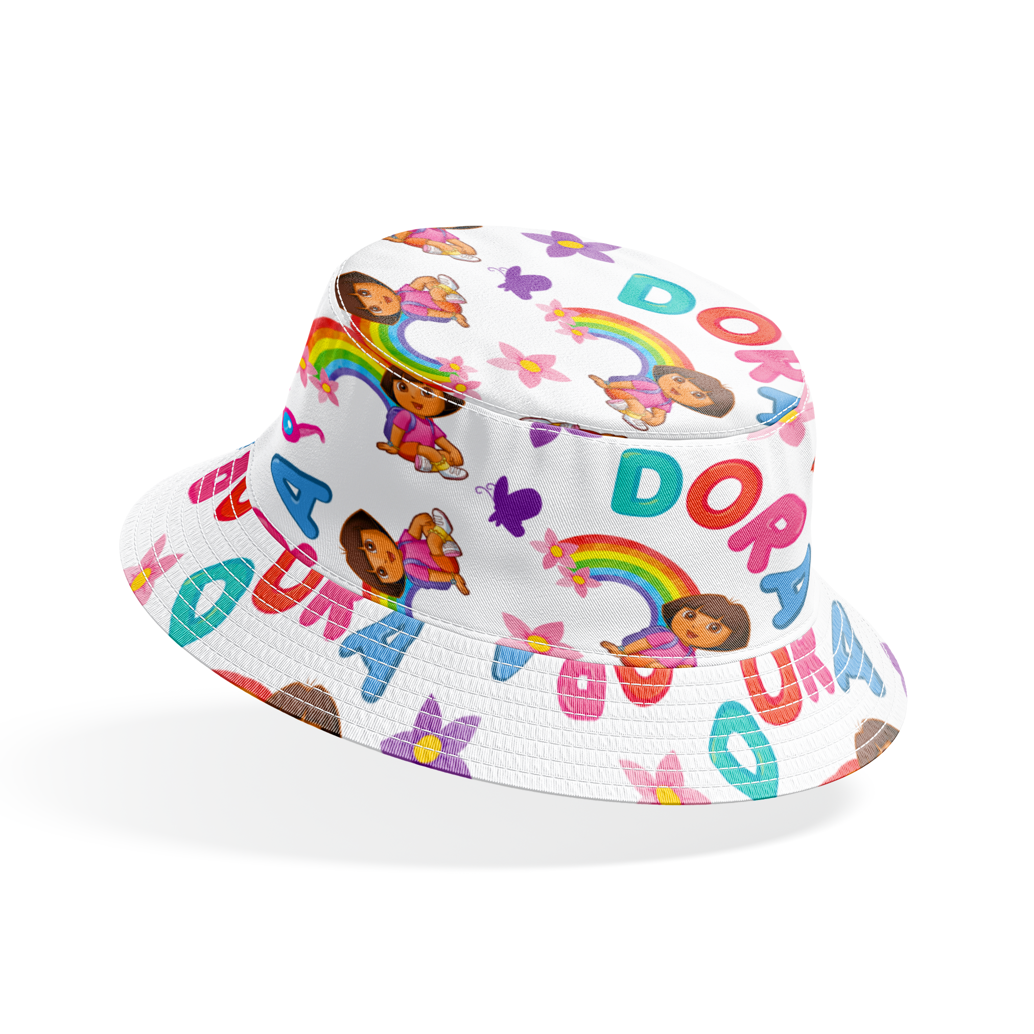 Colorful Dora pattern with rainbows, flowers, alongside scattered "DORA" letters on white background. bucket hat mockup