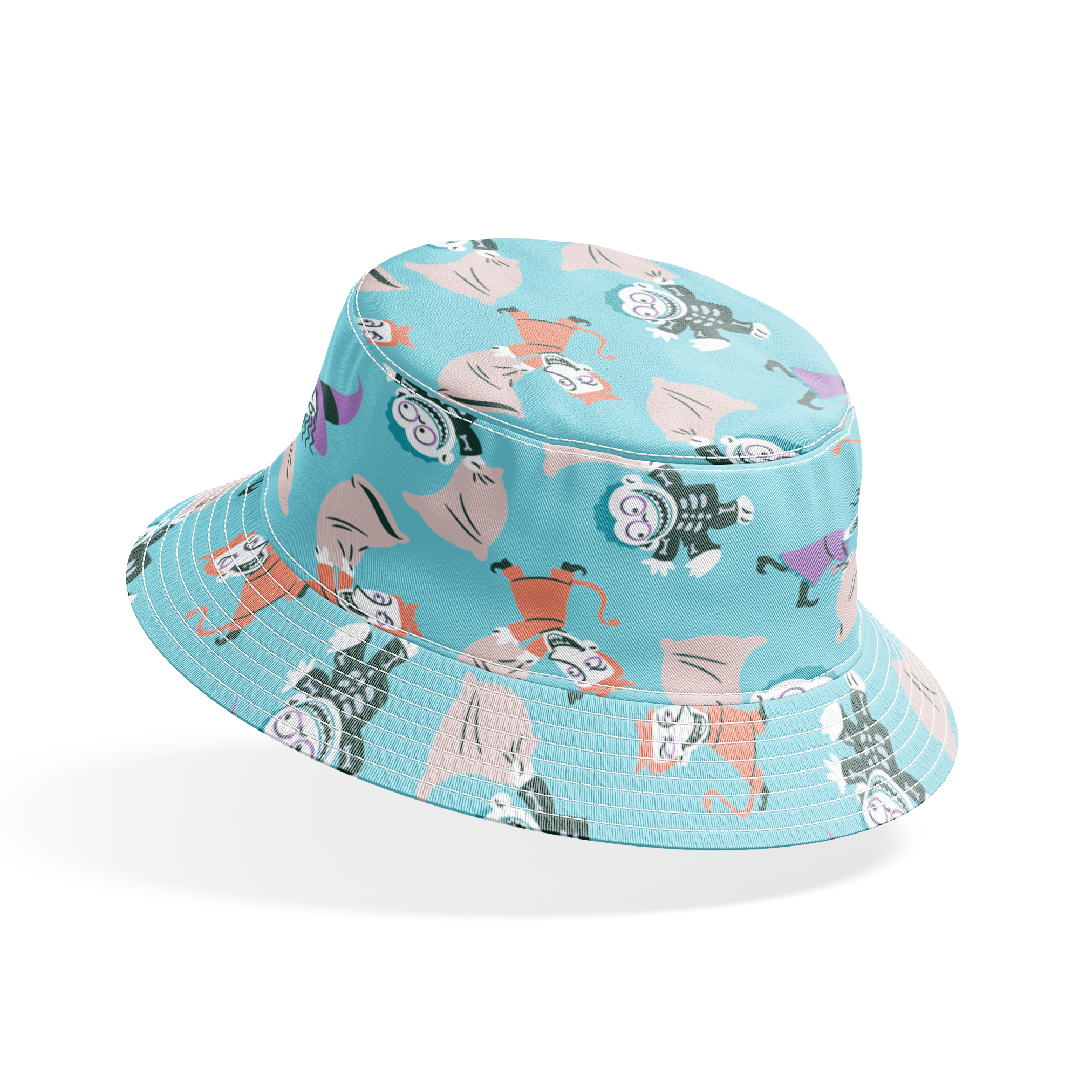 Whimsical pattern of cartoon characters in Halloween costumes on light blue background bucket hat mockup