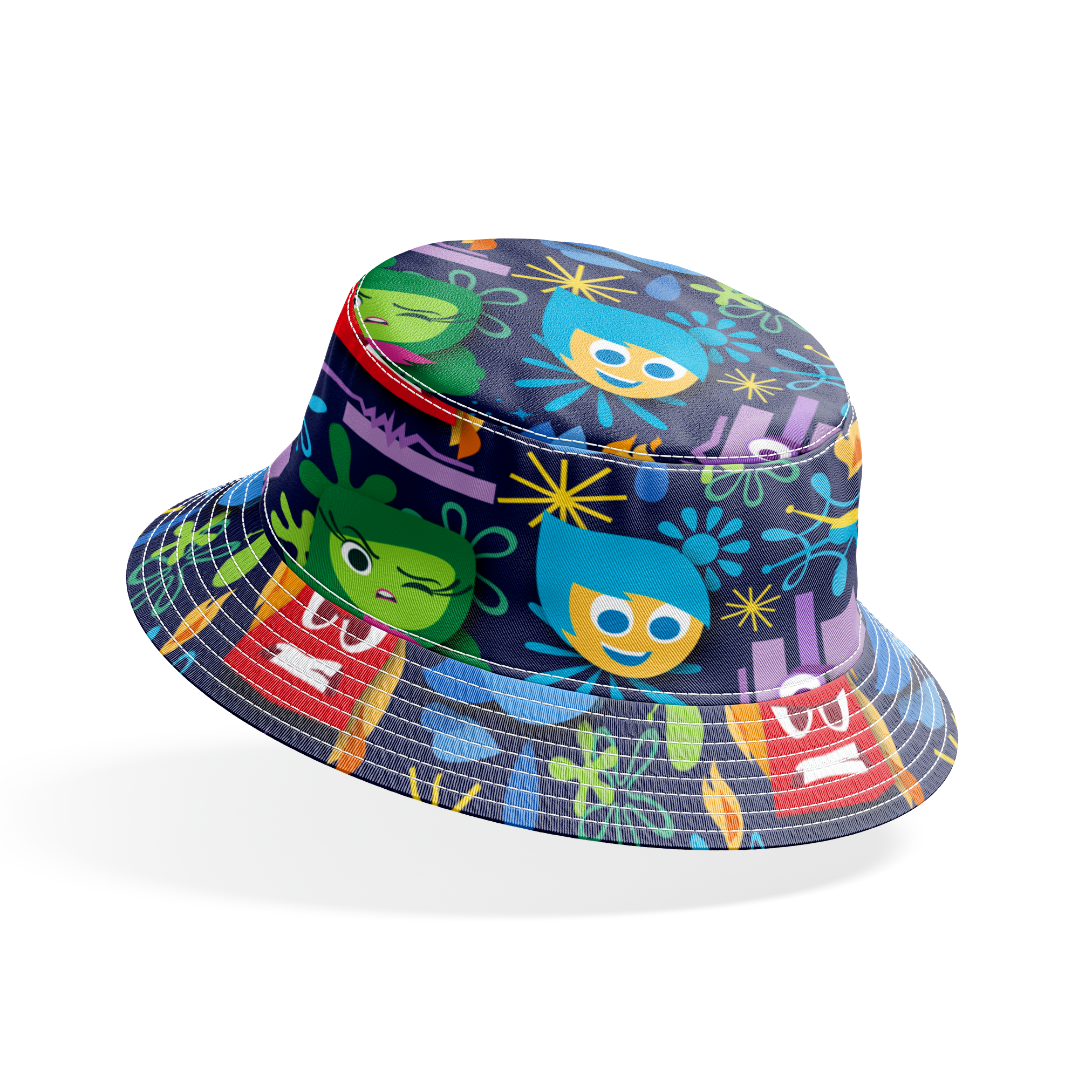 Colorful Inside Out characters with blue, red, green faces and abstract shapes on dark background bucket hat mockup