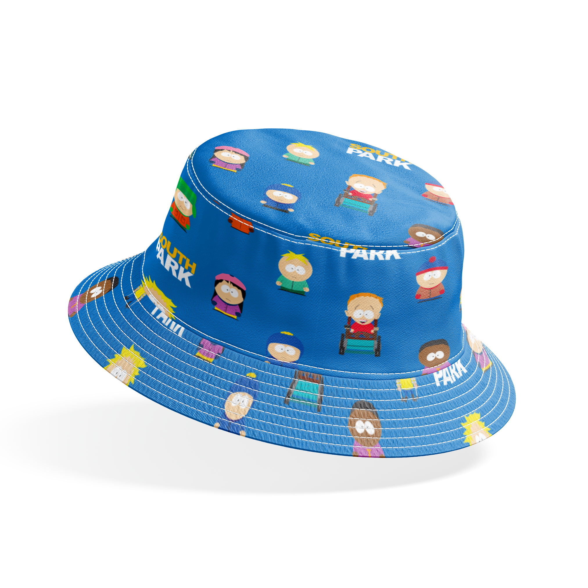 Stan, Kyle, Cartman, Kenny, Butters, Tweek, Jimmy, Wendy, Token, and other South Park characters with the show’s logo on a bright blue background in a scattered repeat. bucket hat mockup