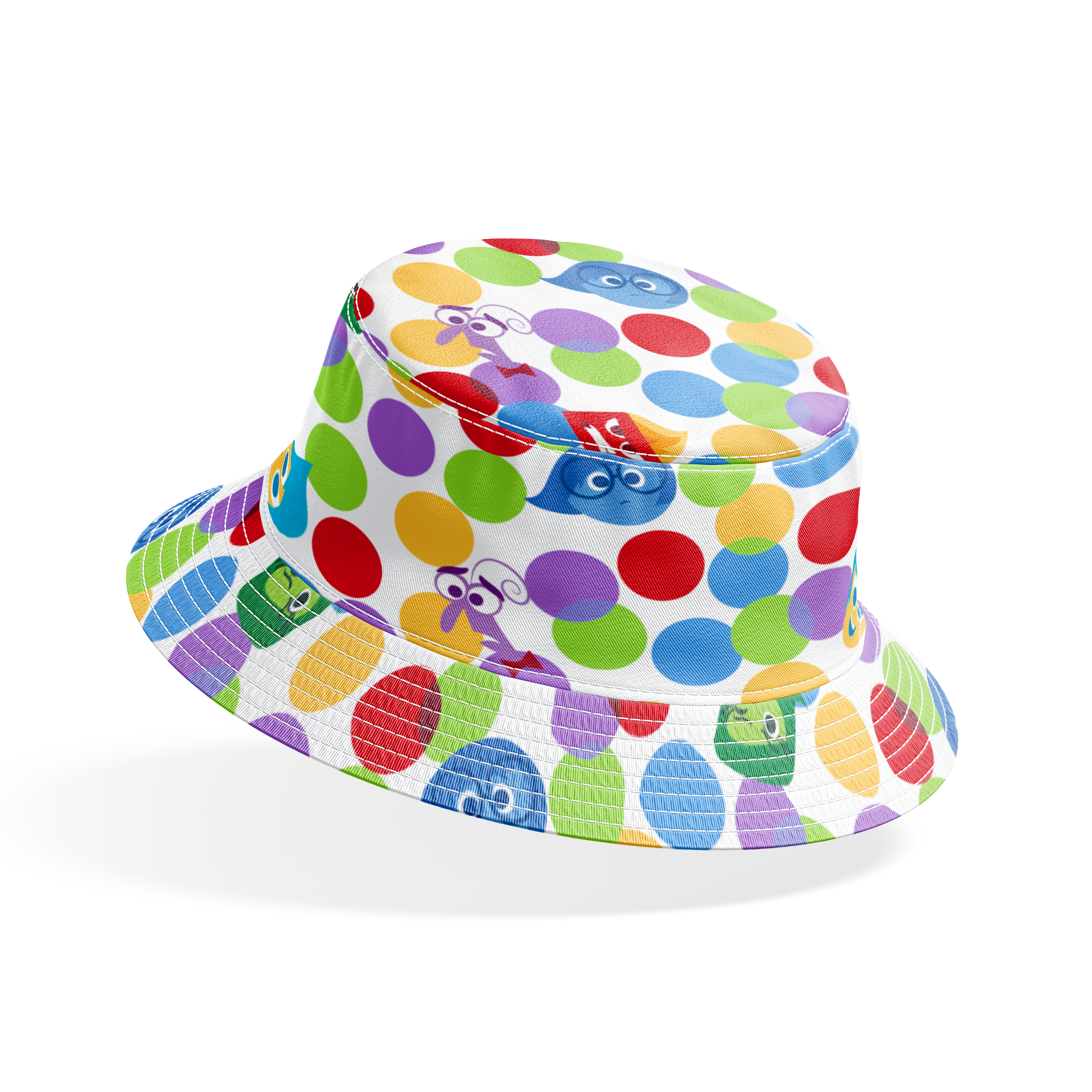 Colorful pattern with Inside Out characters scattered among multicolored polka dots bucket hat mockup