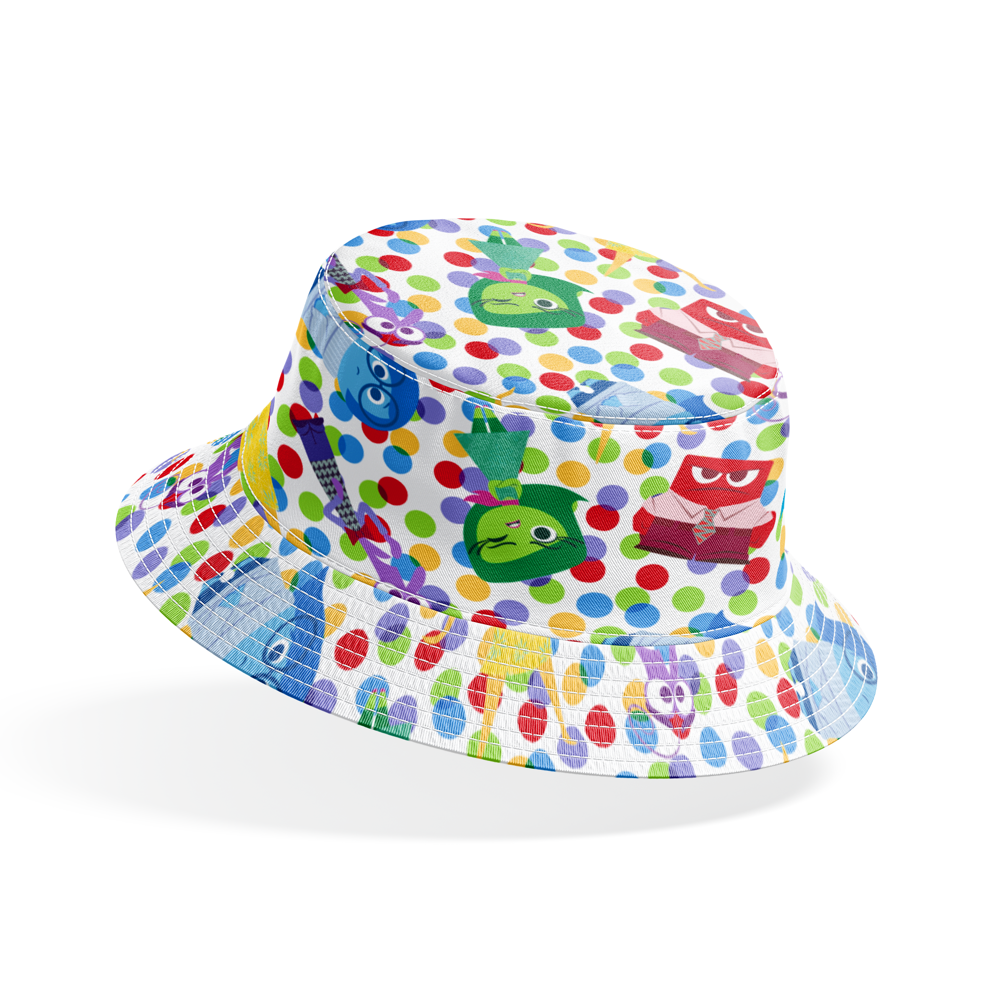 Colorful pattern of animated character heads from Inside Out movie on polka dot background bucket hat mockup