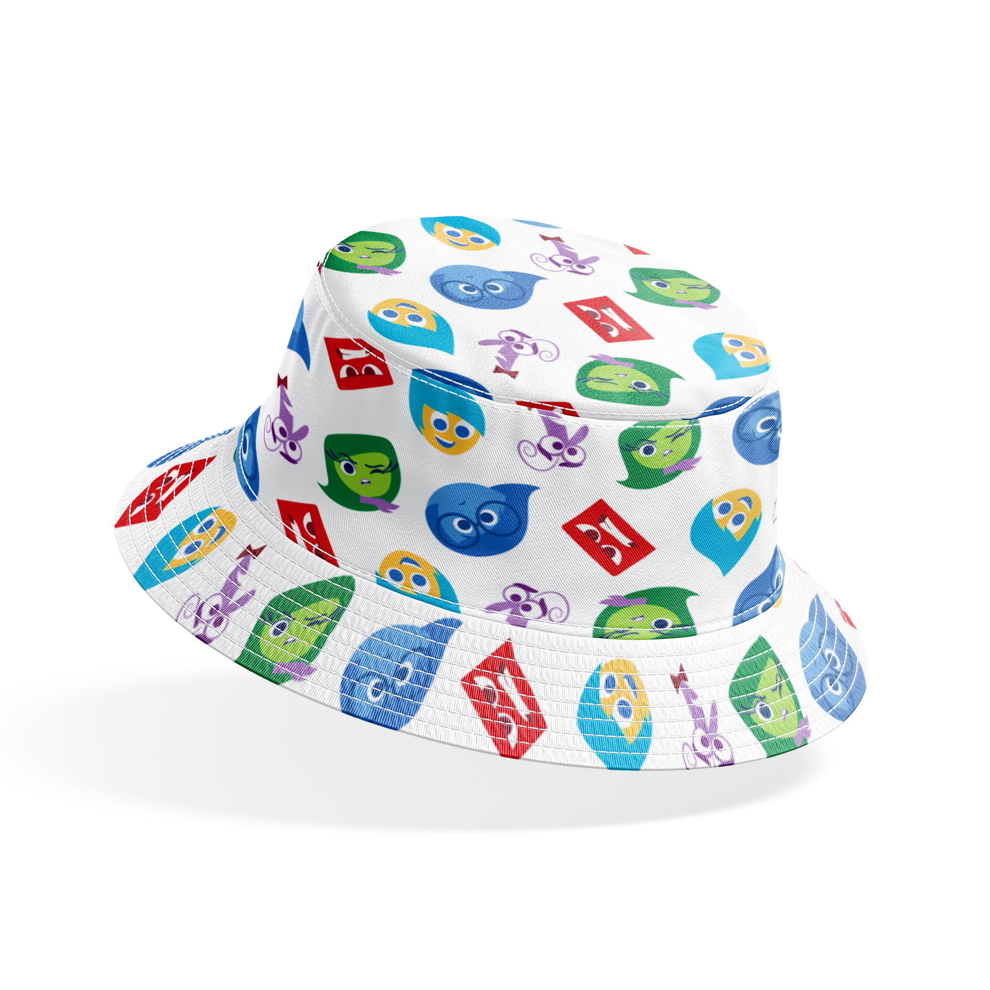 Colorful pattern of Inside Out characters - Joy, Sadness, Anger, Disgust, and Fear bucket hat mockup