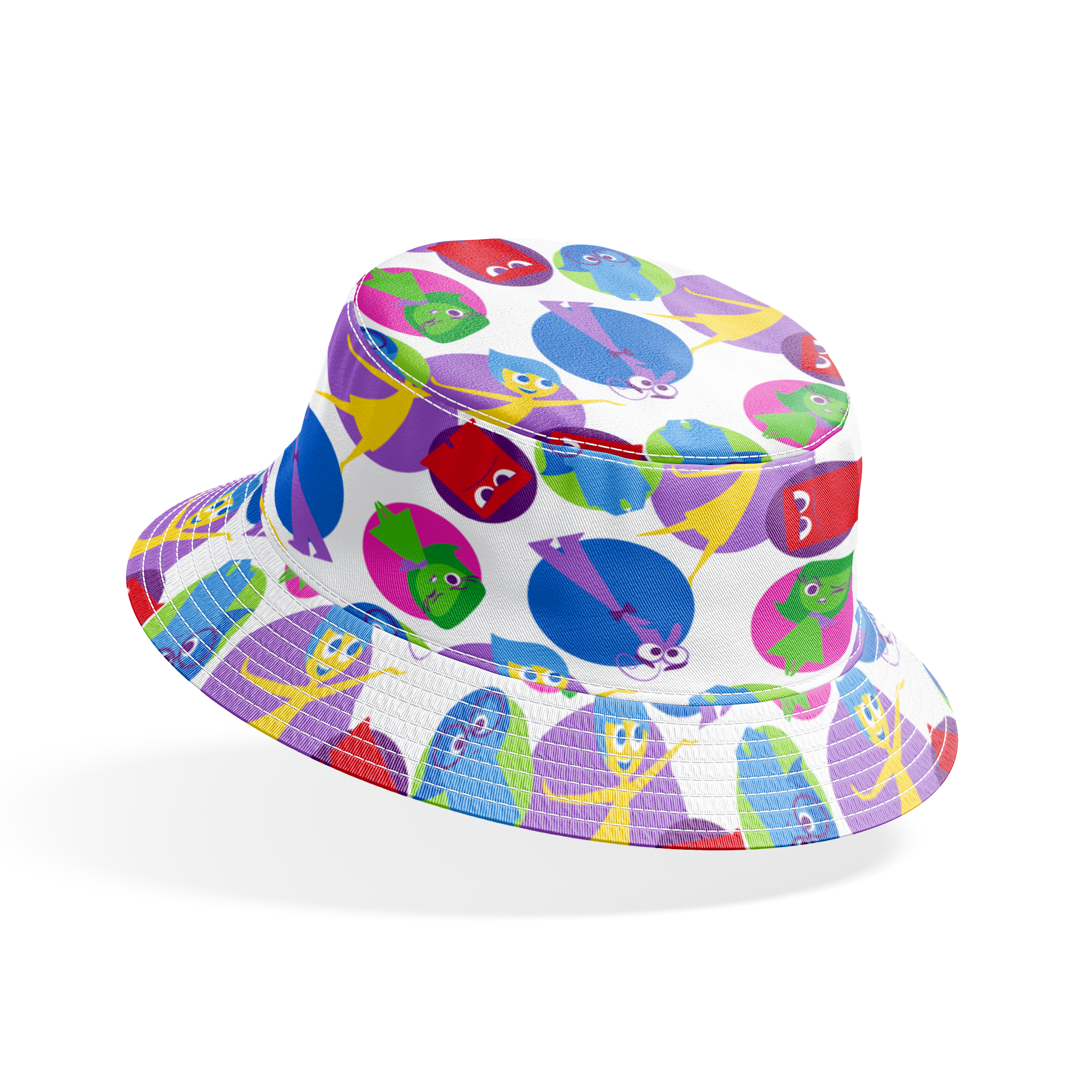 Colorful pattern of Inside Out characters with expressive eyes in overlapping purple, blue, red, and green circles bucket hat mockup