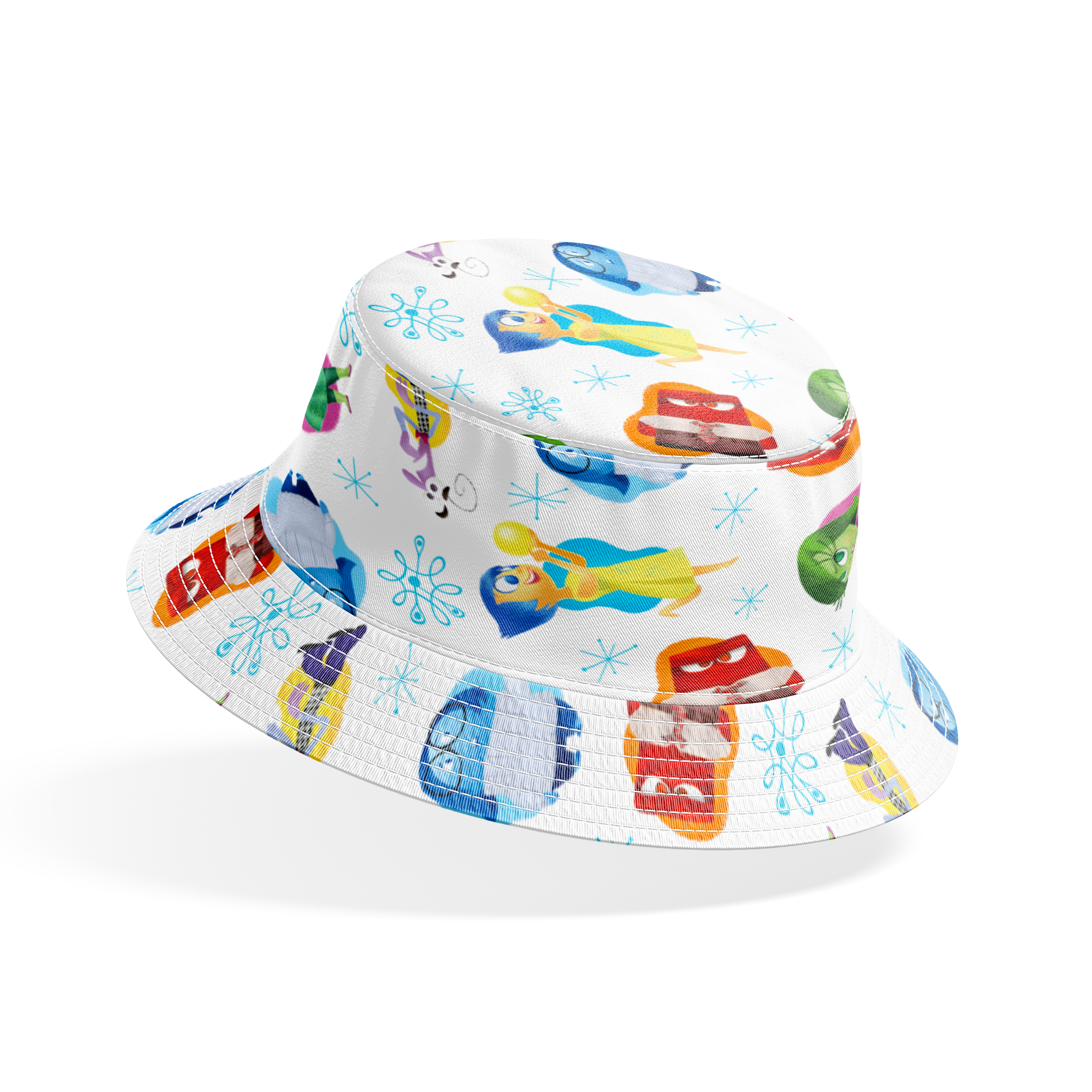 Colorful pattern of cartoon Inside Out characters with snowflake accents on white background bucket hat mockup