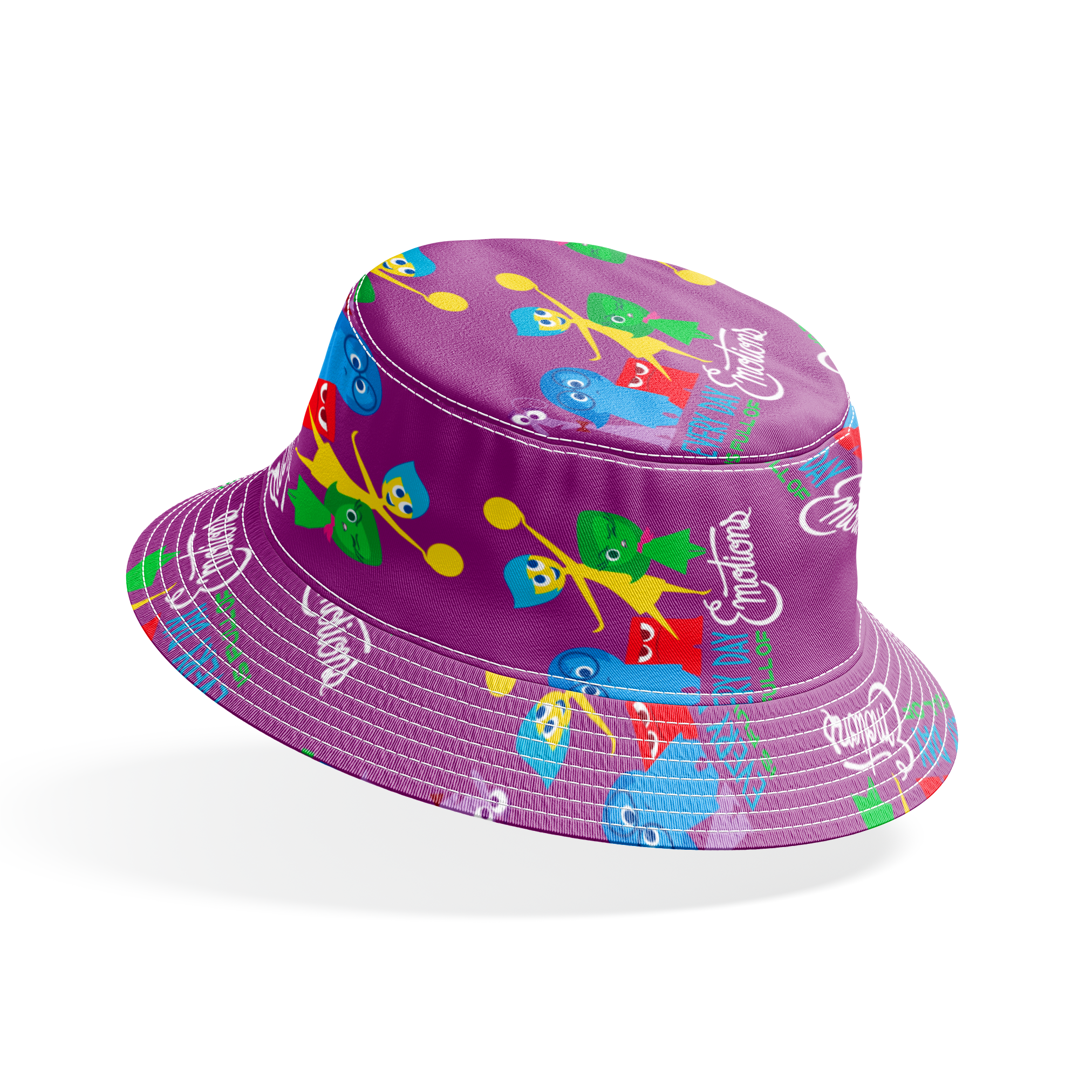 Purple background with repeating pattern of Inside Out characters - Joy, Sadness, Anger, Disgust, Fear, and text elements. bucket hat mockup