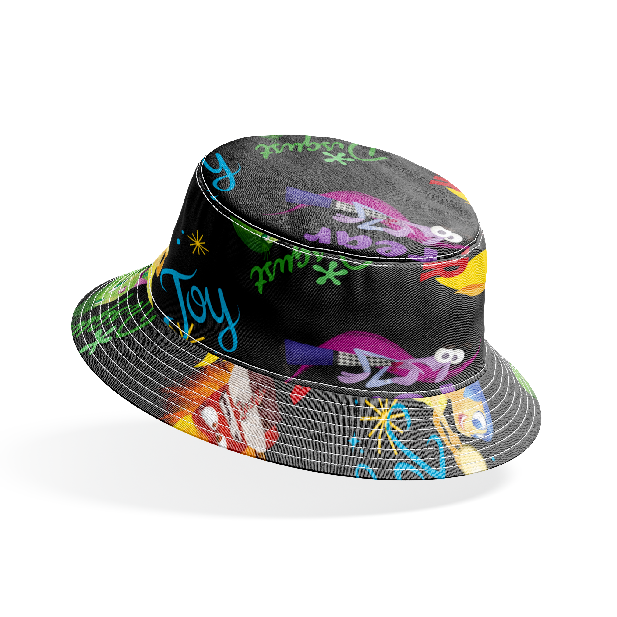 Colorful Pixar pattern on black background with Inside Out characters and emotion words like "Fear bucket hat mockup