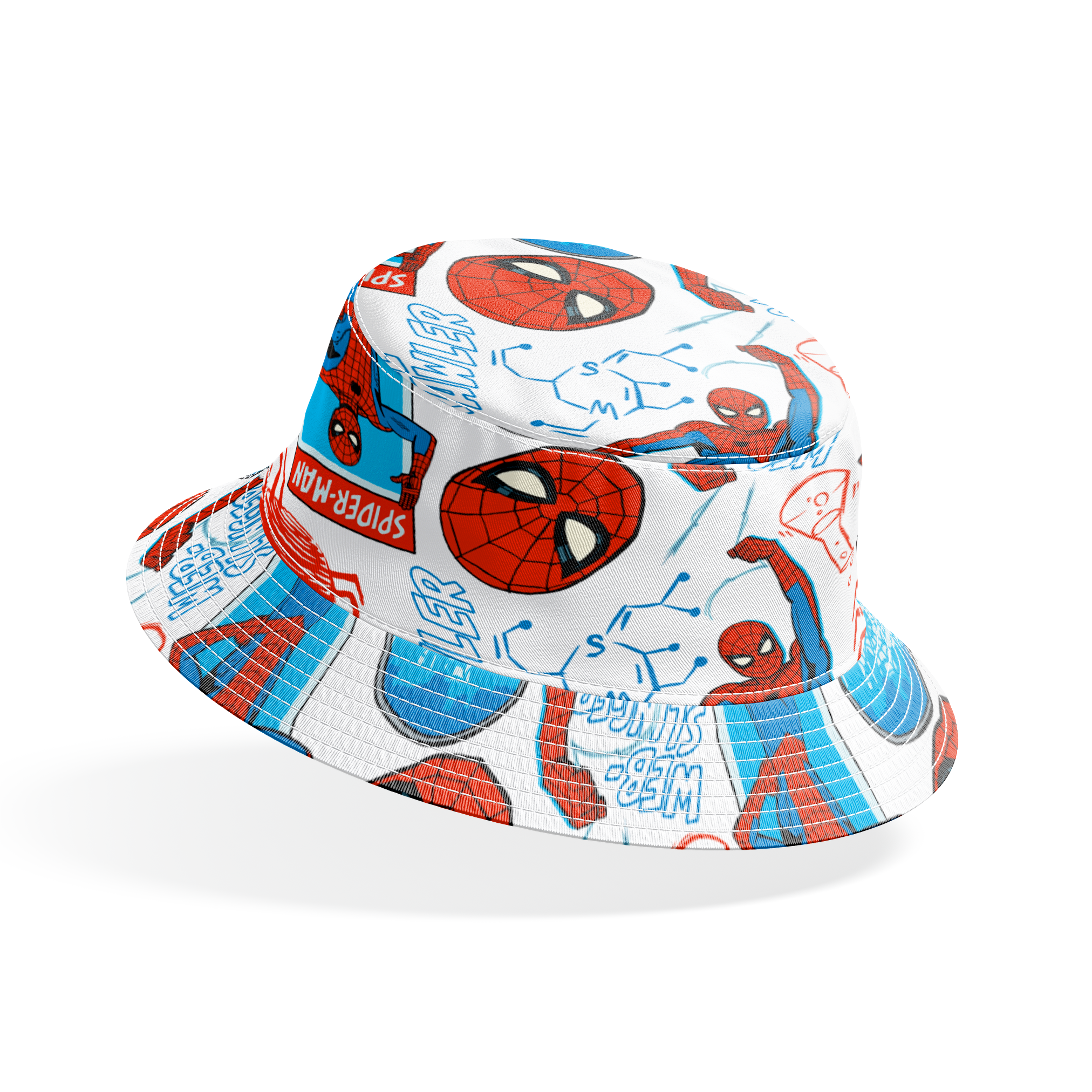 Comic-style Spider-Man pattern with red and blue figures in various poses, spider symbols, and text on white background bucket hat mockup