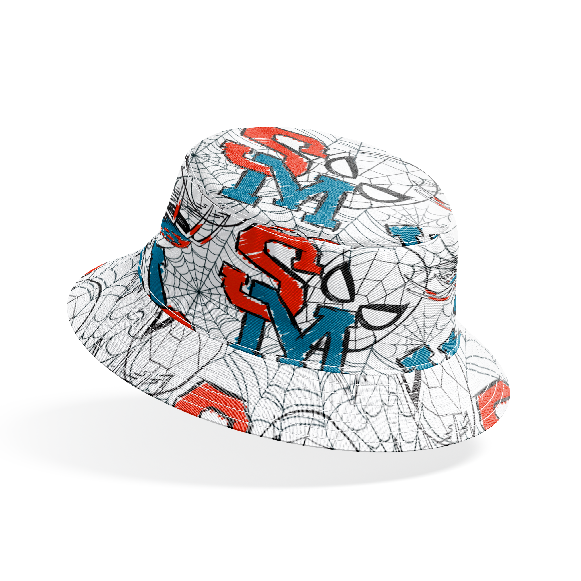 Abstract design with blue and red letters (S, M, K) overlaid with black spider web patterns on white background bucket hat mockup