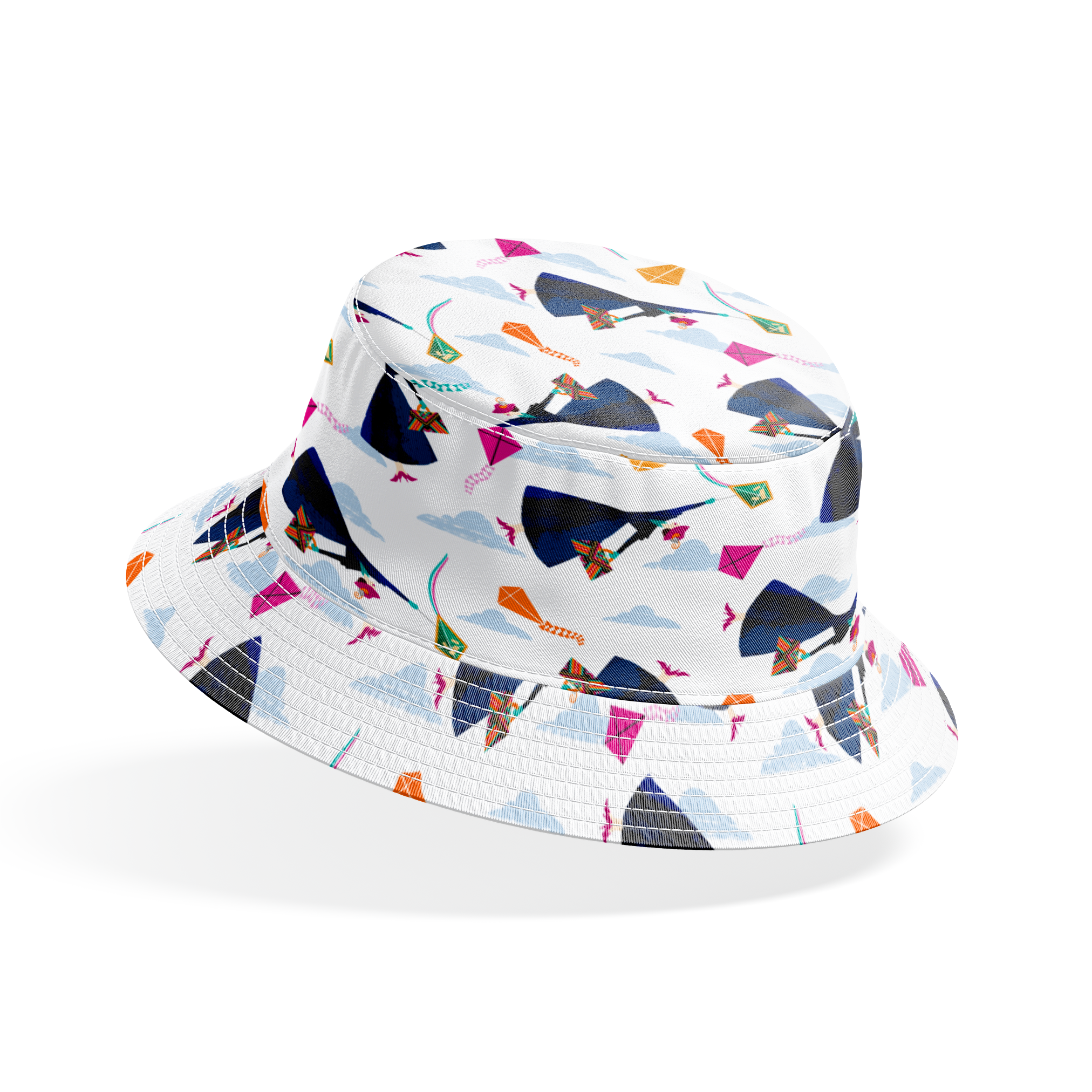 Colorful kites in orange, pink, and green along with Mary Poppins flying in a cloudy blue sky bucket hat mockup