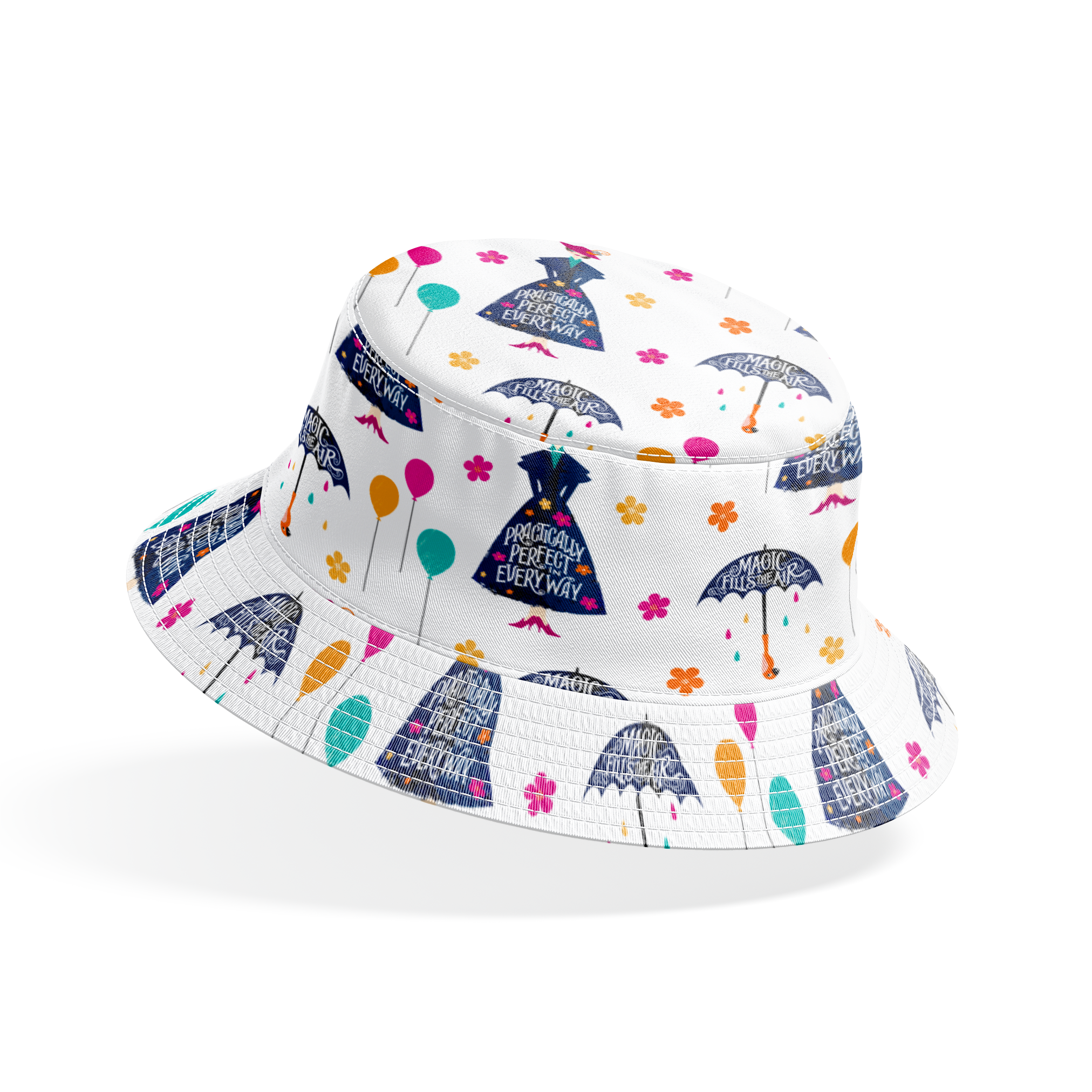 Colorful pattern with Mary Poppins-inspired silhouettes, umbrellas, balloons, and flowers on white background bucket hat mockup