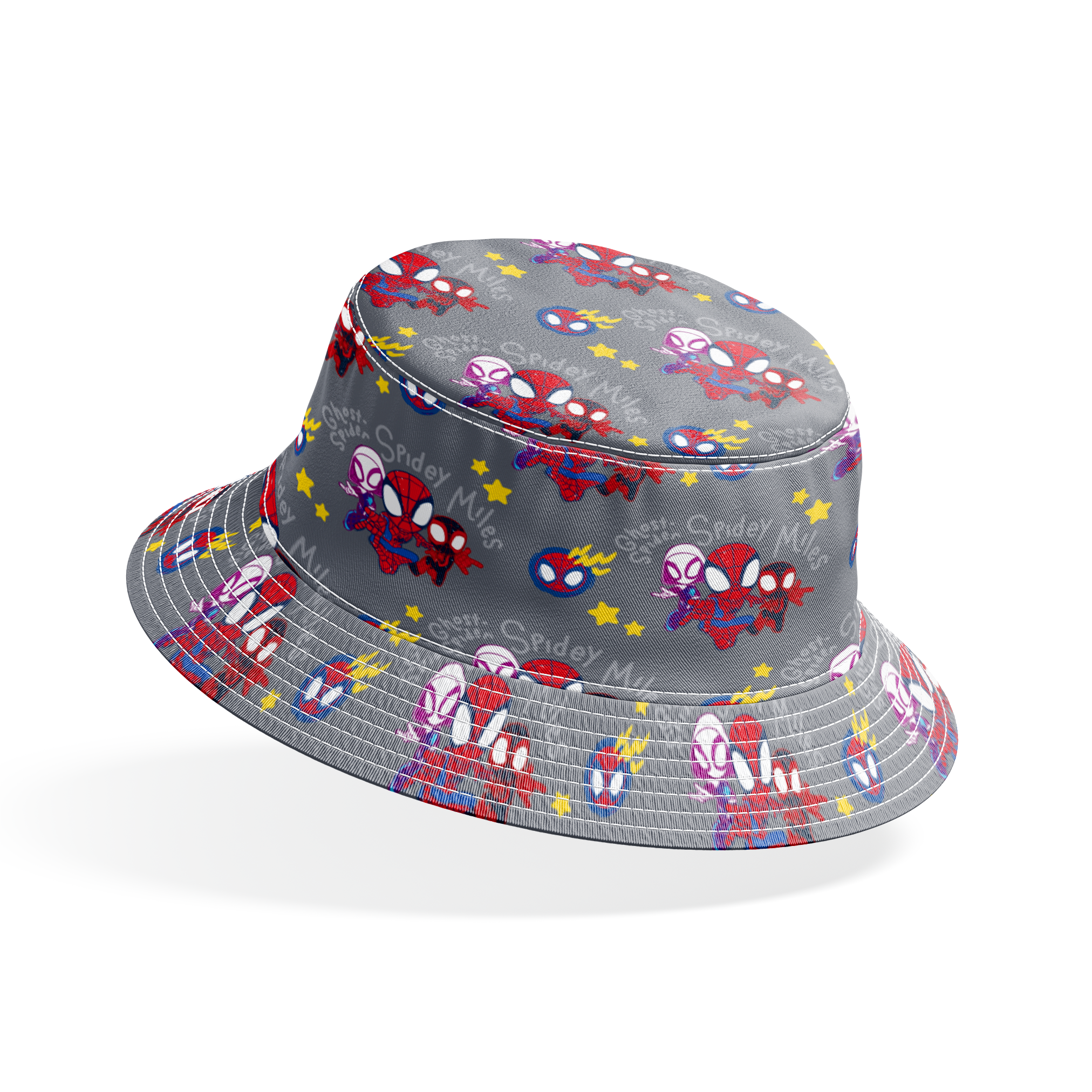 Cartoon Spider-Man characters pattern with stylized spider heroes and yellow stars on gray background bucket hat mockup